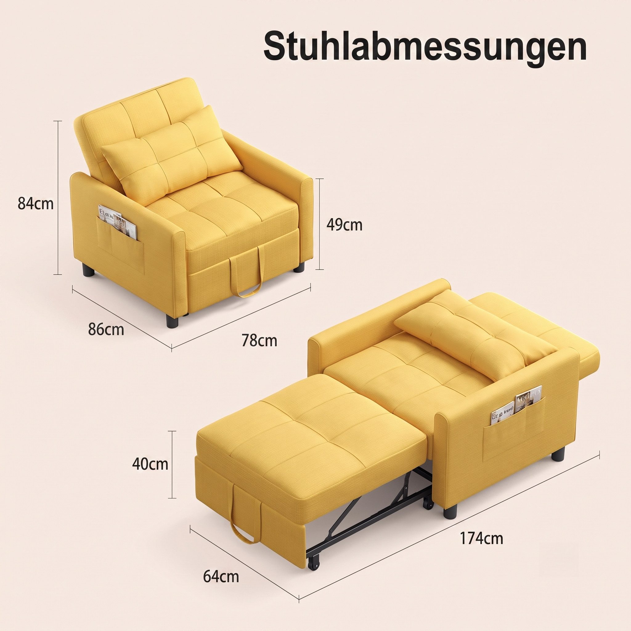 Blishom Relaxsessel 3-in-1 Schlafsessel Schlafsofa Klappbett Relaxsessel 78x86x84 cm, multifunktionaler Sessel zum Ausziehen als Gästebett