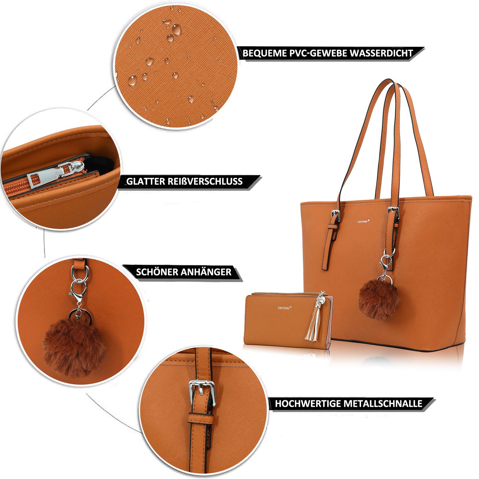 TAN.TOMI Shopper Handtasche Damen mit Geldbörse und Schlüsselanhänger, Groß Damen Handtasche, ​Geschenke für Frauen in schlichter Optik