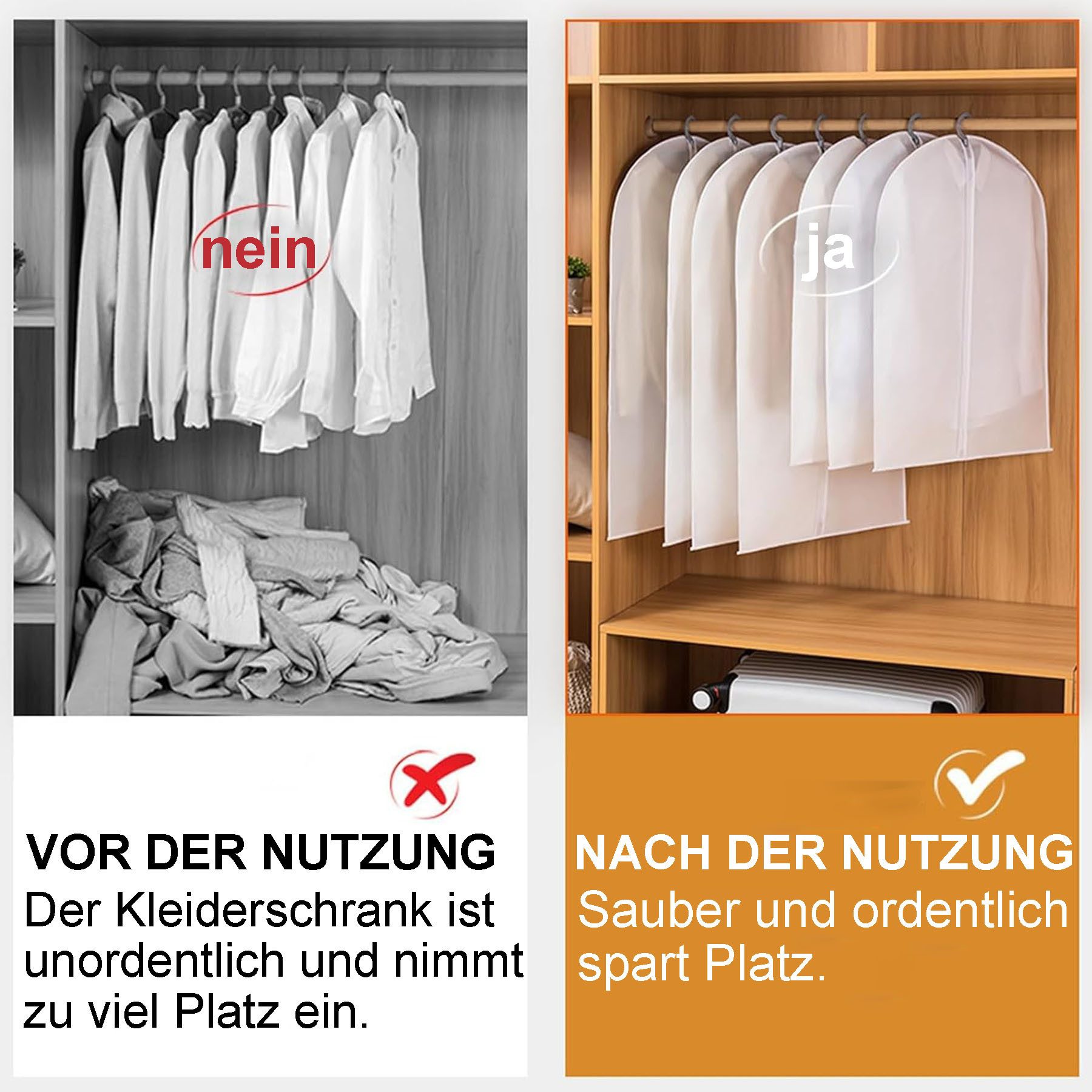 Mutig Kleiderschutzhülle transparente Kleidersäcke 12 St Kleidersäcke faltbar,M/L/XL (Je 4 Stück in M/L/XL,60×80/100/120 cm, 12 St., Halbtransparentes PEVA ist wasserabweisend, staubdicht, atmungsaktiv) Geeignet für kurze Jacken und Anzüge bis hin zu langen Mänteln