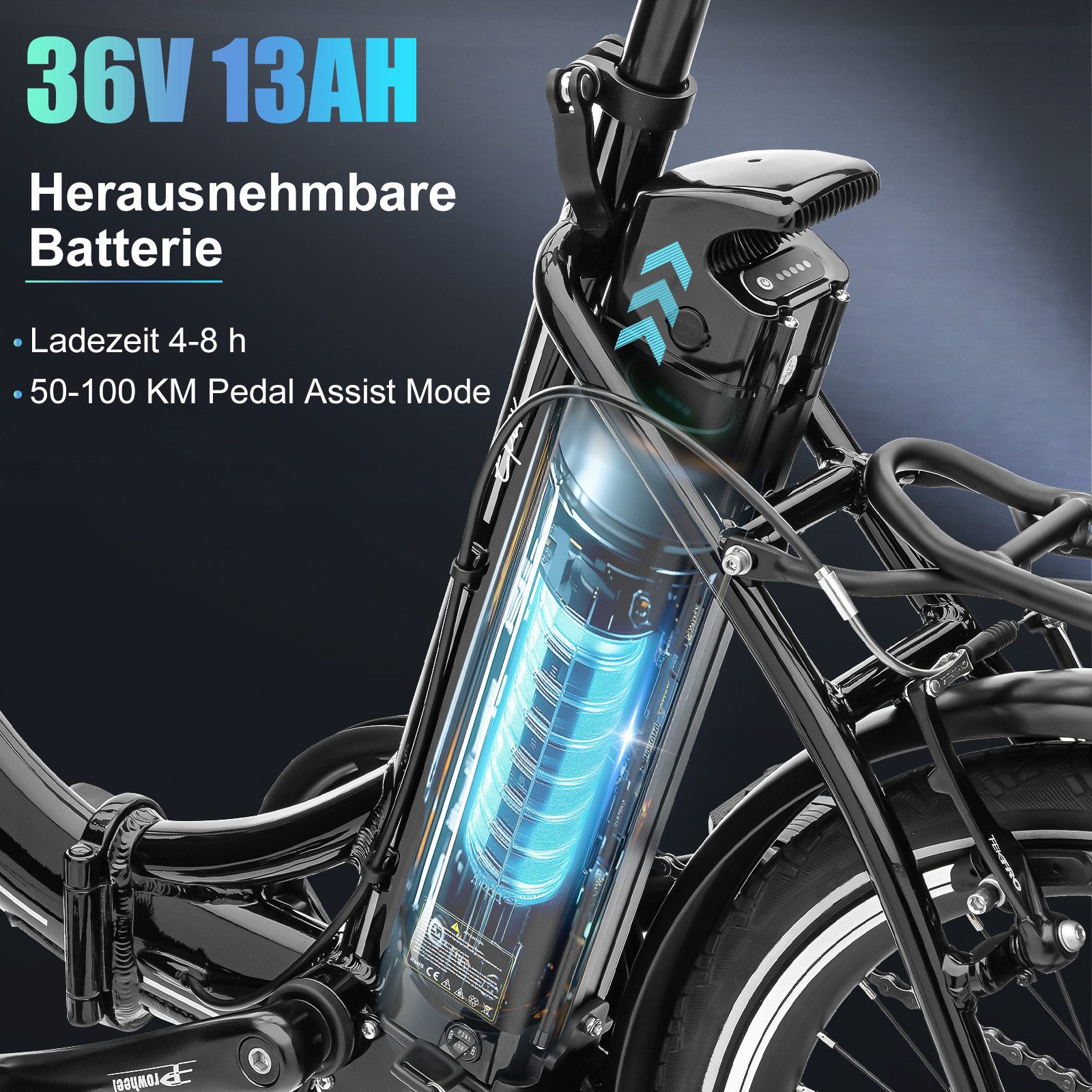 VECOCRAFT E-Bike Faltrad 36V 13Ah Elektrofahrrad,20’’ Pedelec max.100km,klappbar, E-PAX, 7 Gang Shimano, Kettenschaltung, Heckmotor, 468 Wh, E-Citybike,Cityrad für Damen und Herren mit Gepäckträger