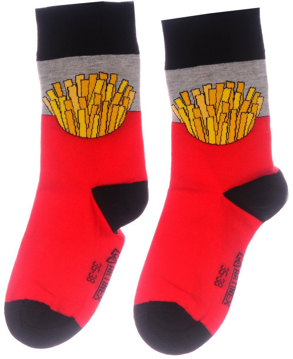 Freizeitsocken 1 Paar Socken lustige bunte witzige Strümpfe in Rot mit Pommes