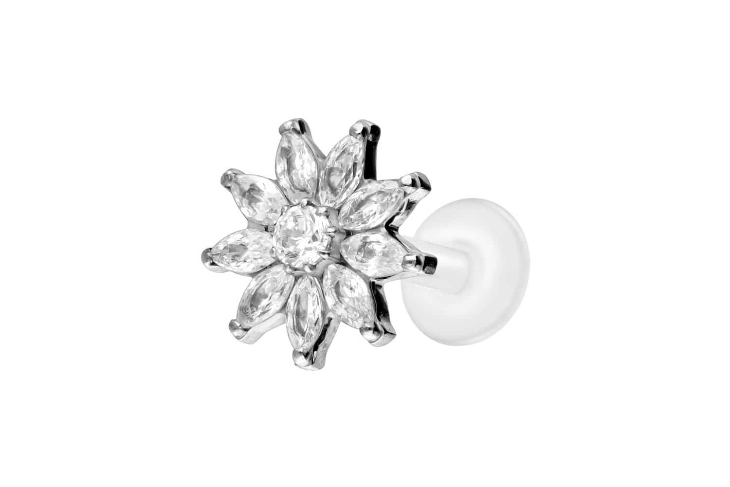 Piercing-Set PTFE Labret mit Innengewinde + Titan-Aufsatz KRISTALLBLUME