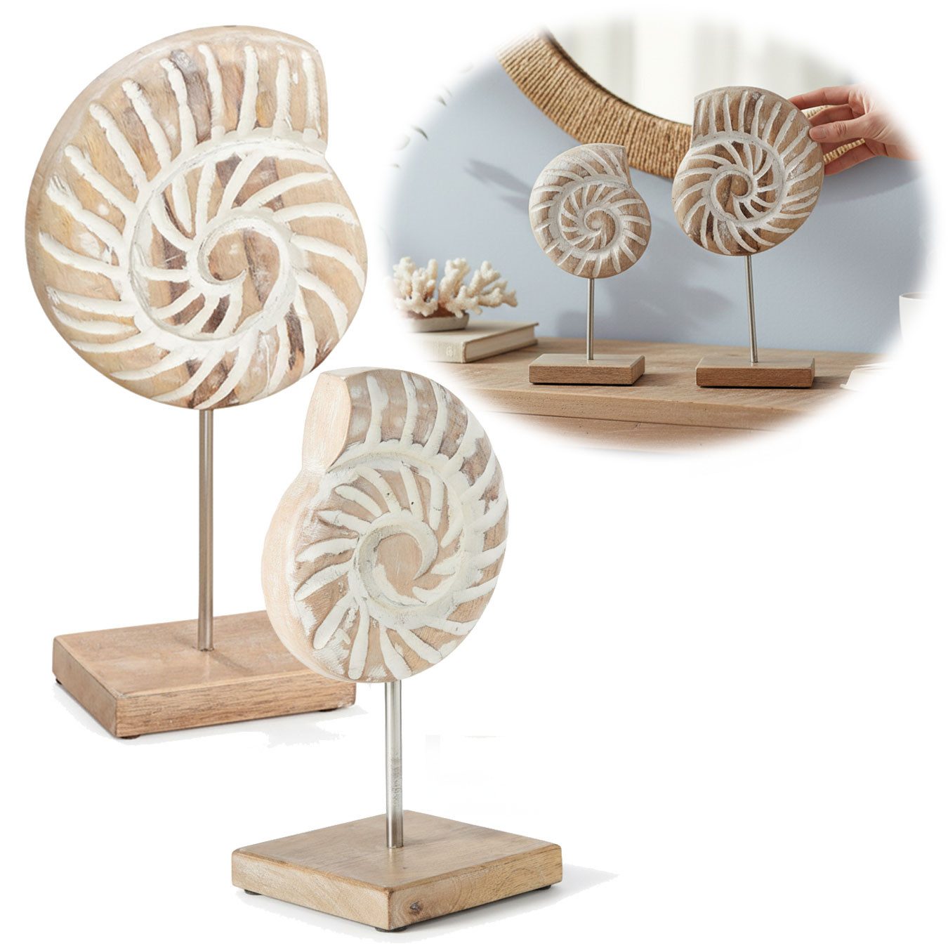 LS-LebenStil Skulptur Deko Objekt Set 2 Muscheln Sylt Mango Holz Sockel Maritim 26/32cm (Aufsteller Muschel 26/32cm zum Hinstellen Shabby …