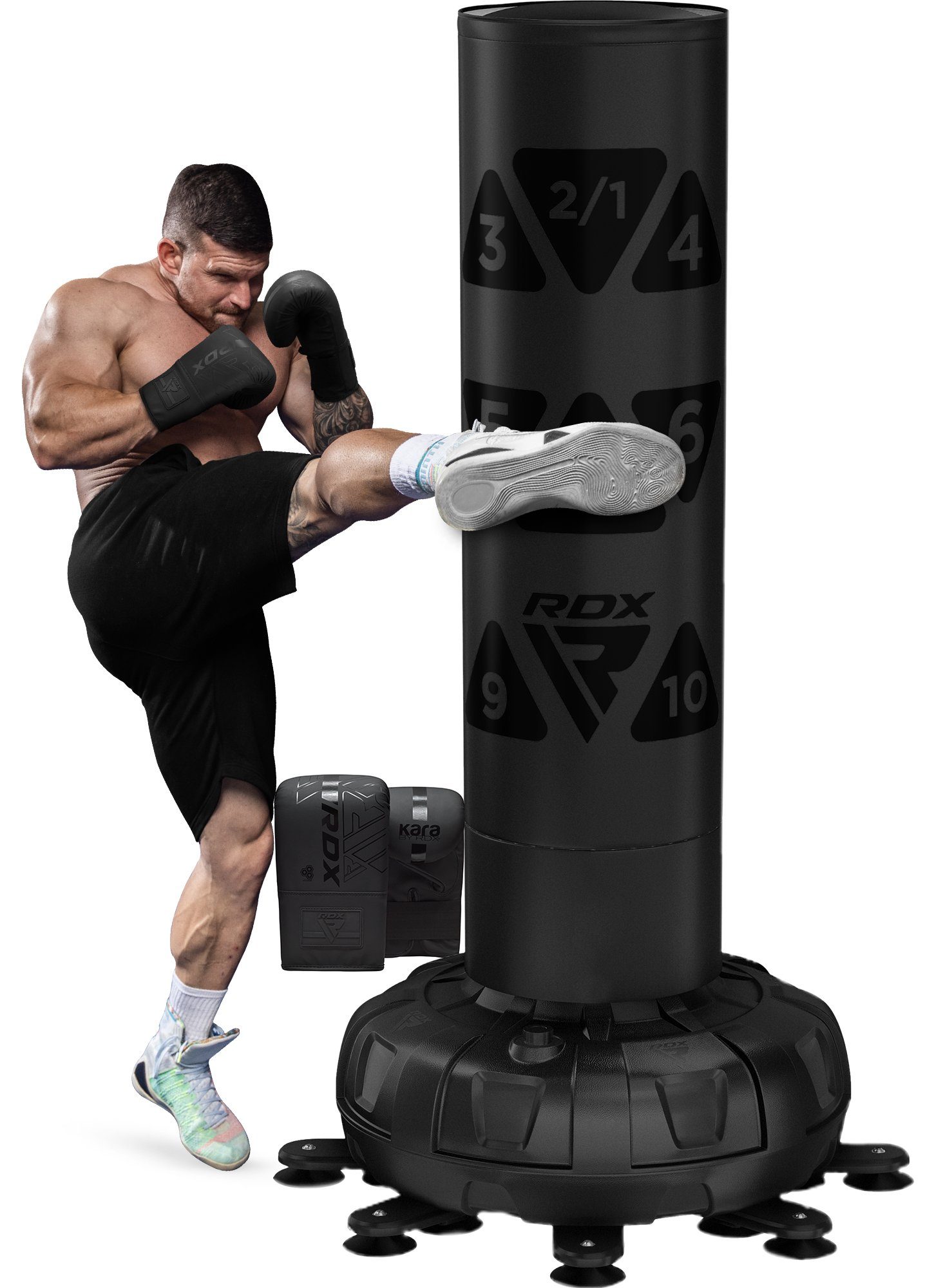 RDX Sports Boxsack RDX 6FT BLACK MMA Kickboxen Boxsack mit Freistehend Handschuhen, Fitness