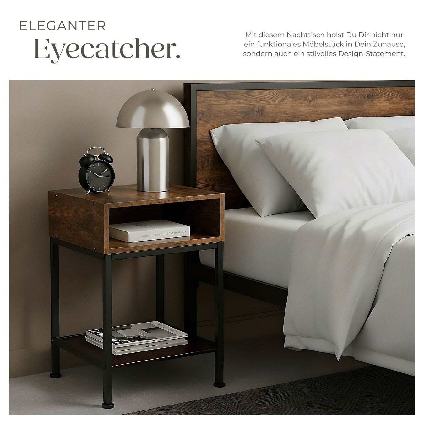 tectake Nachttisch Couchtisch mit offenem Fach und Gitterablage, 40,5 x 40,5 x 59 cm (Beistelltisch Harlow, 1-St., in Industrial Holz dunkel, rustikal), mit höh – Bild 5 von 5