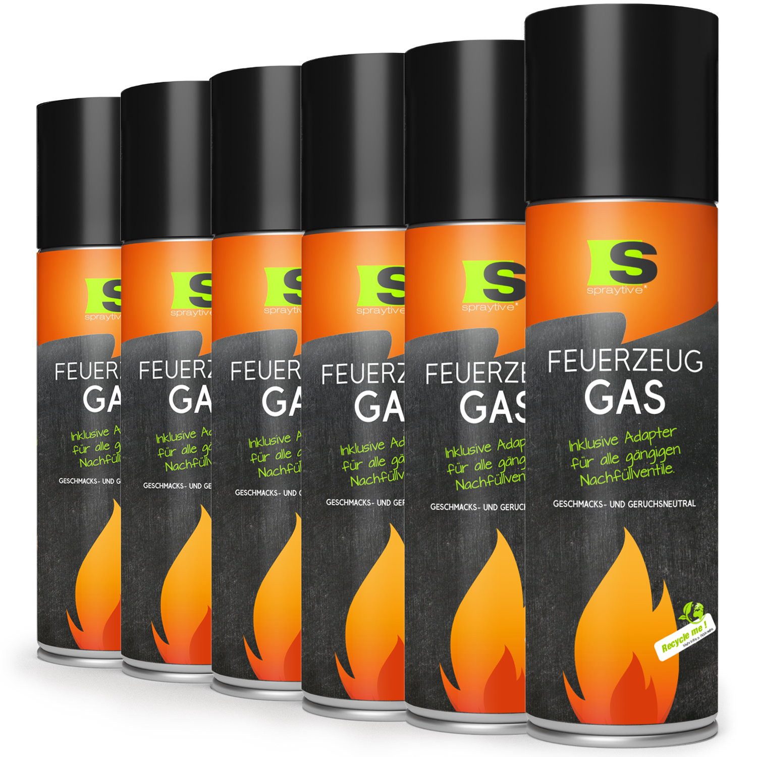Spraytive Gaskartusche 6x 500ml XXL Butangas für Flambierbrenner & Feuerzeuge - Feuerzeuggas, Made in Germany