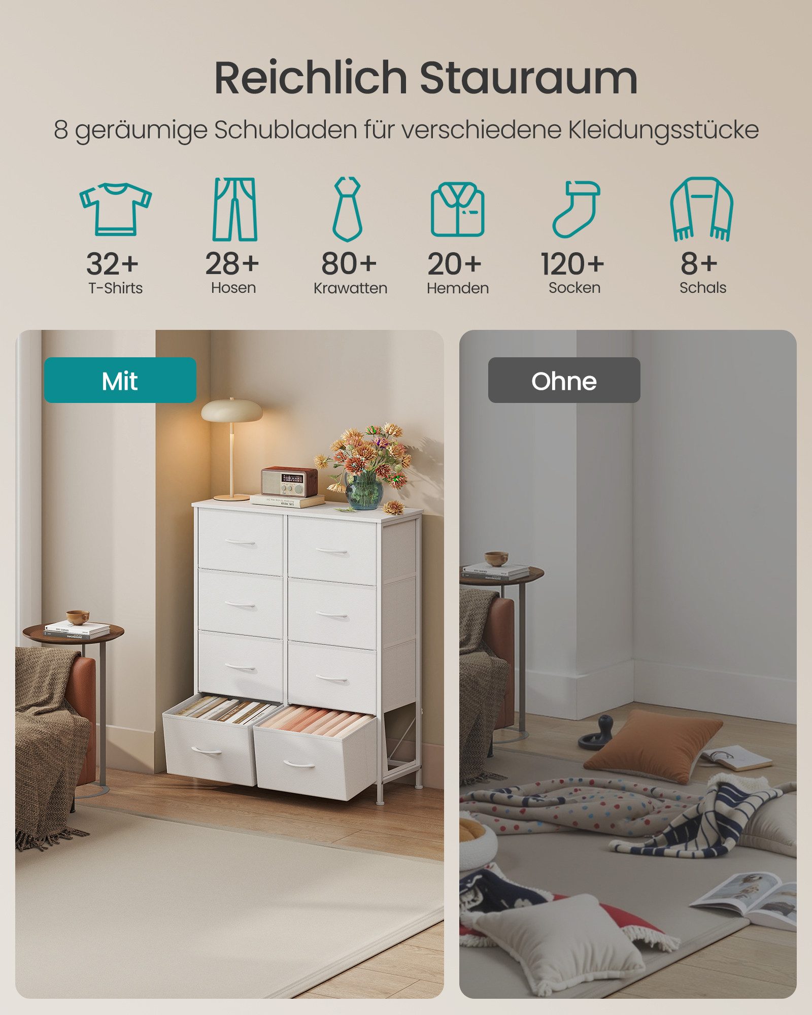 SONGMICS Kommode Schrank mit 5/6/7/8/9 Schubladen, Aufbewahrungsschrank, Stahl, MDF, Vliesstoff, für Schlafzimmer