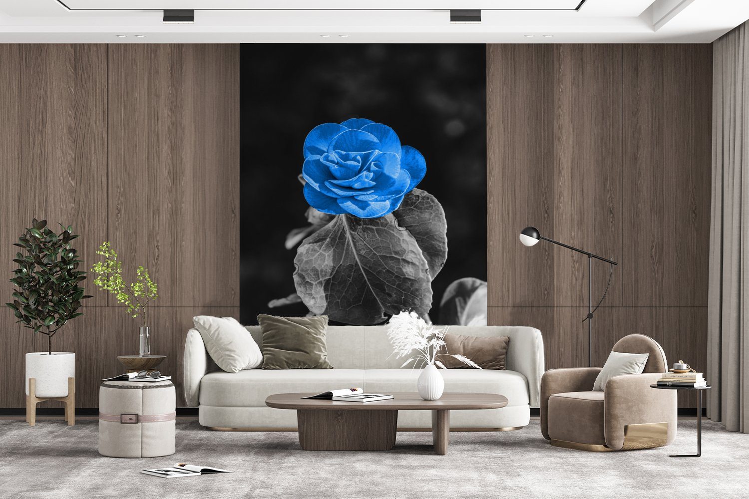 Schwarz St), Vinyl Blau, - Wandtapete Fototapete Blumen Montagefertig Weiß (3 Wohnzimmer, für Matt, - - MuchoWow - Tapete bedruckt, Rose
