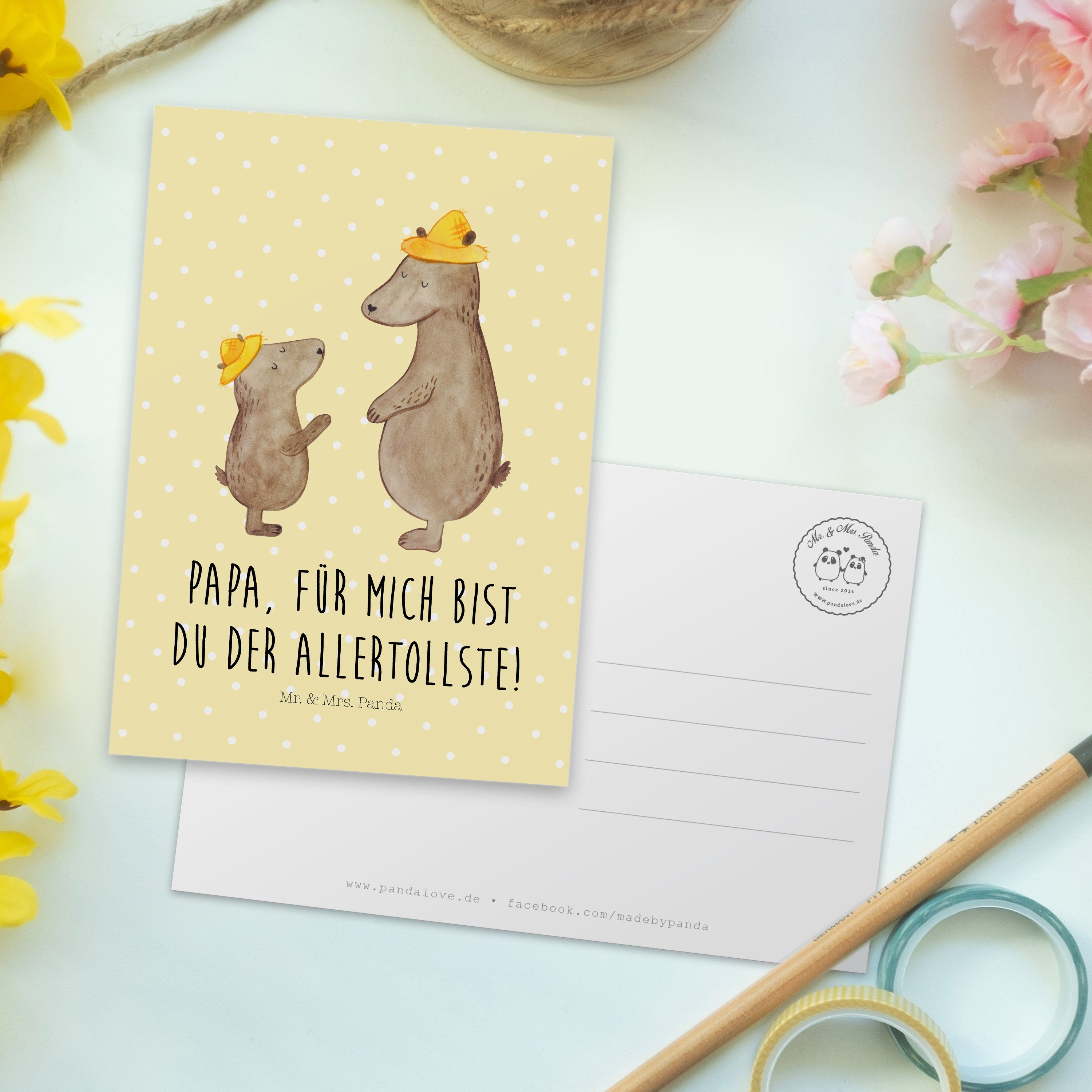Geburtstagskar Vater, - Hut - Postkarte mit Mrs. Panda Mr. Geschenk, Bären Gelb Pastell Karte, &