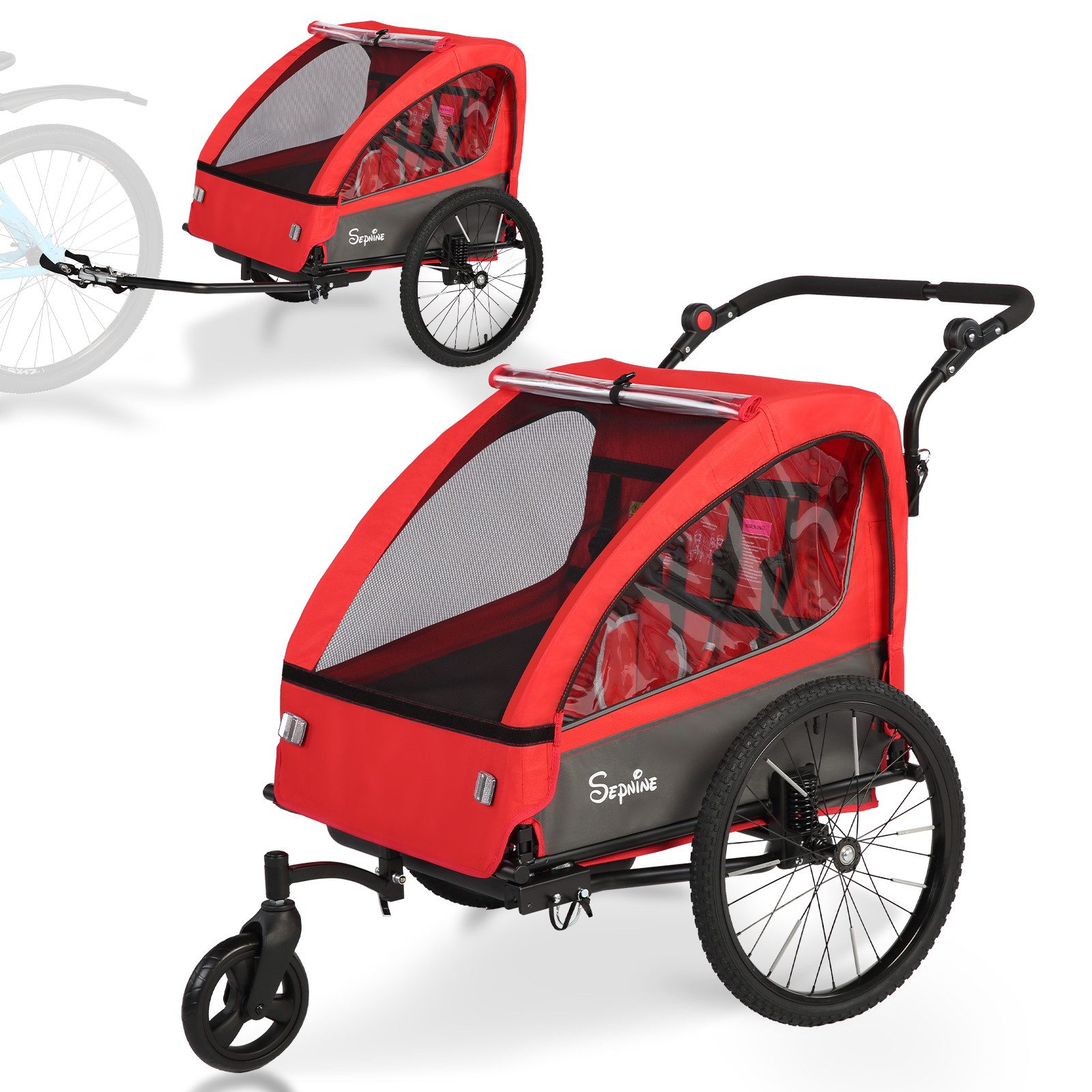 Thumbnail - SEPNINE Fahrradkinderanhänger 2 in 1 Faltbarer Fahrradanhänger, 360° Drehbar mit Feder