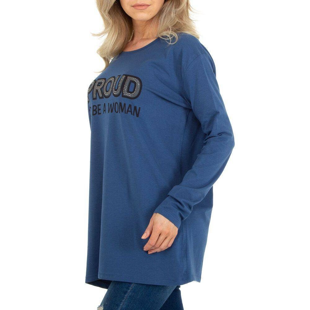 Damen Shirts Ital-Design Langarmshirt Damen Freizeit Strass Print Stretch Langarmshirt in Blau