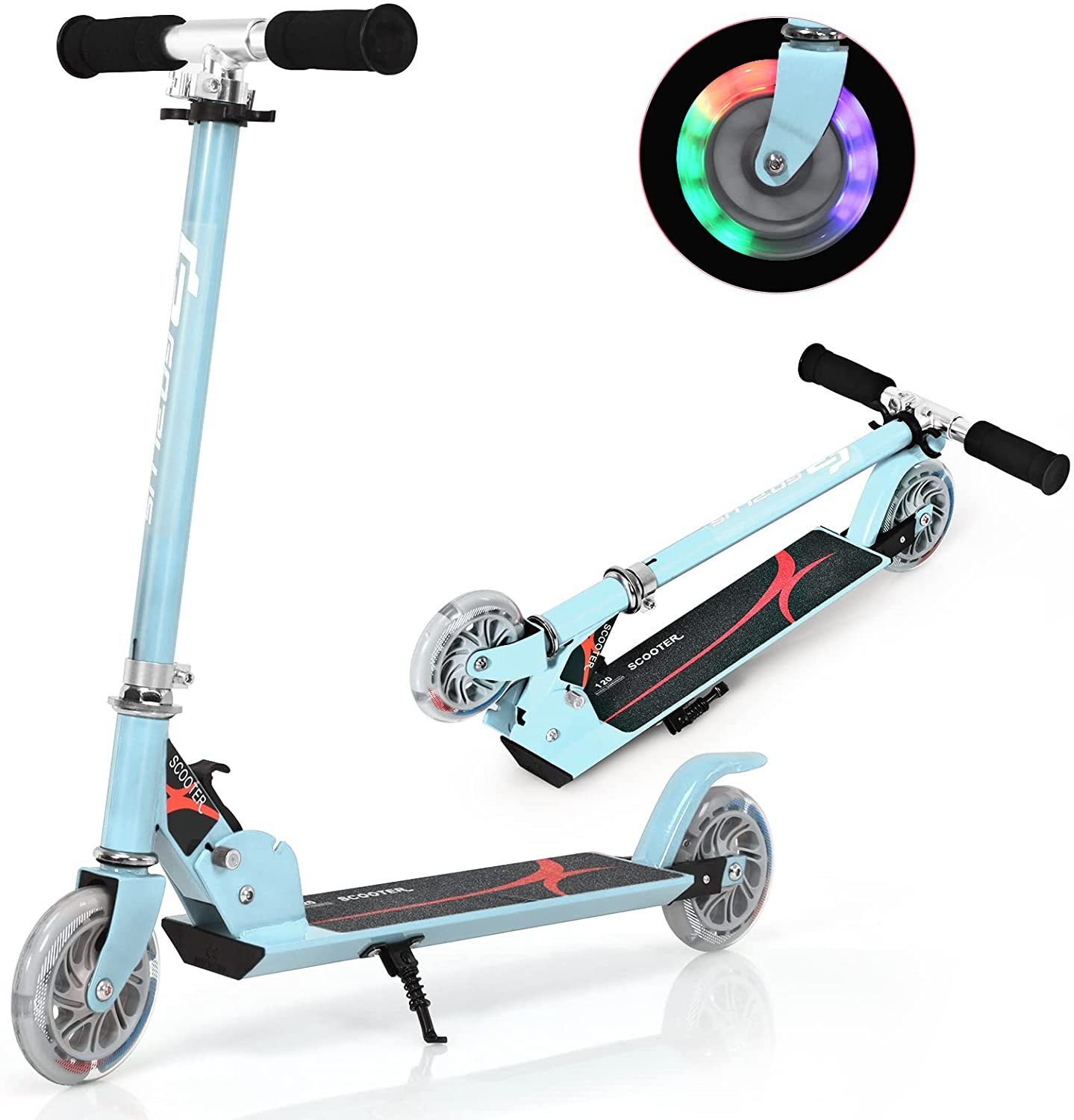 COSTWAY Scooter Cityroller, höhenverstellbar, klappbar, mit 2 LED Räder hellblau