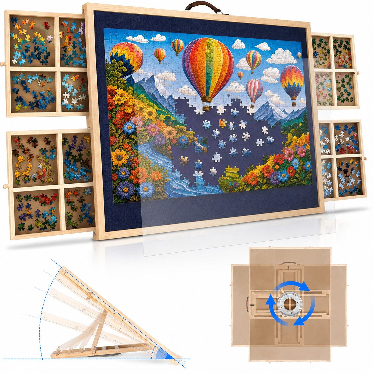 Insma Puzzleunterlage Holz Puzzlebrett für 1500-Teile Puzzle, mit 4 Schubladen (16 Fächer), (Puzzlematte mit Schutzabdeckung, rutschfestem …