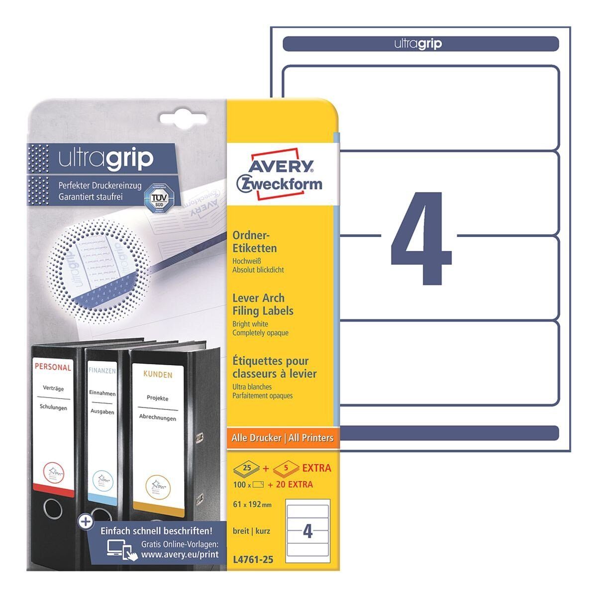 Avery Zweckform Etiketten L4761-25, 80 Stück, kurz/breit (61x192 mm), selbstklebend, blickdicht