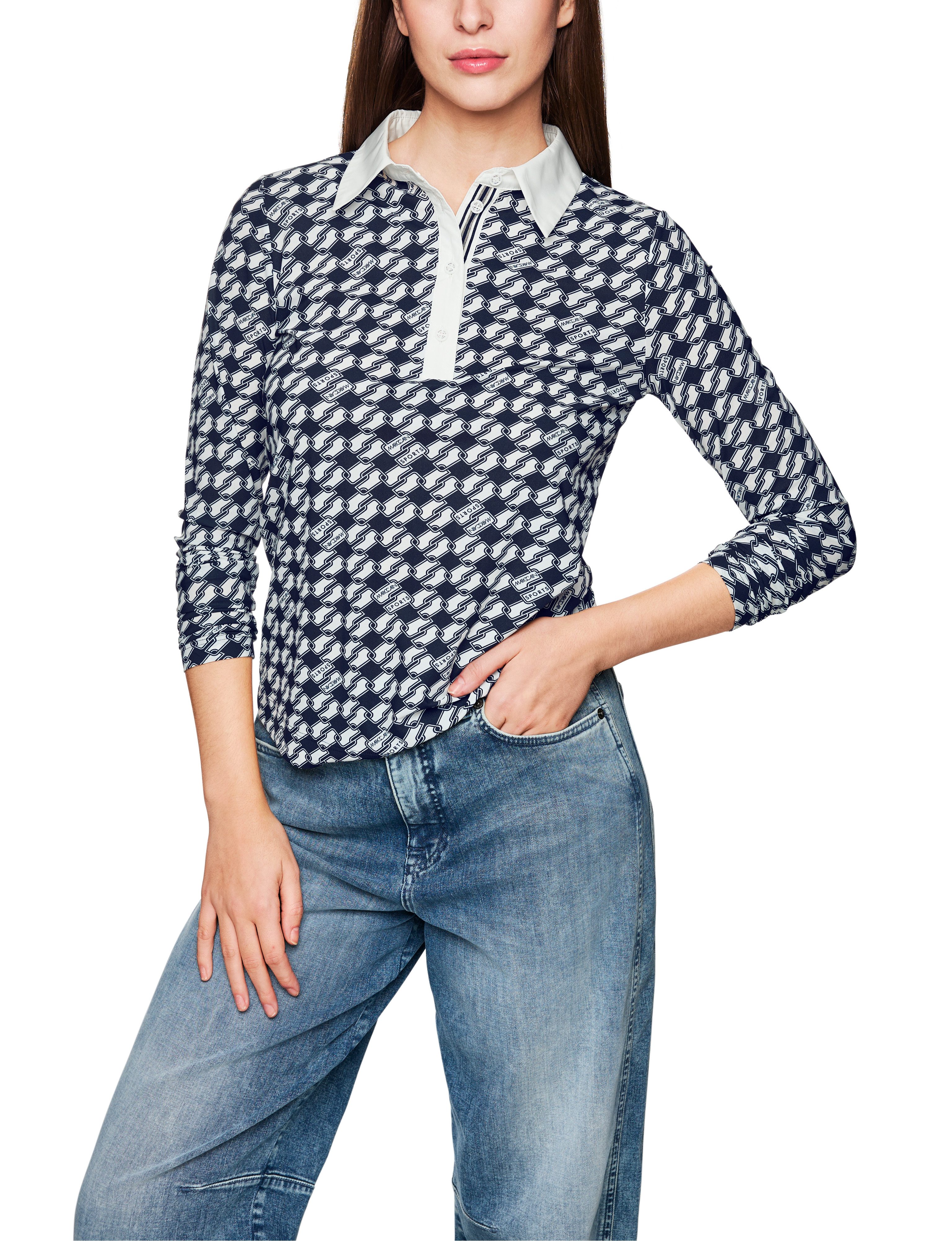 Marc Cain Langarm-Poloshirt Logomania Premium Damenmode unifarbener Kragen, günstig online kaufen