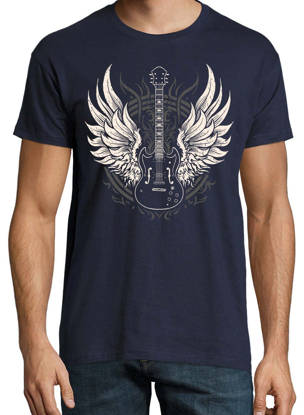 Youth Designz Spruch T-Shirt Navyblau mit GitarreFlügel T-Shirt Herren lustigem