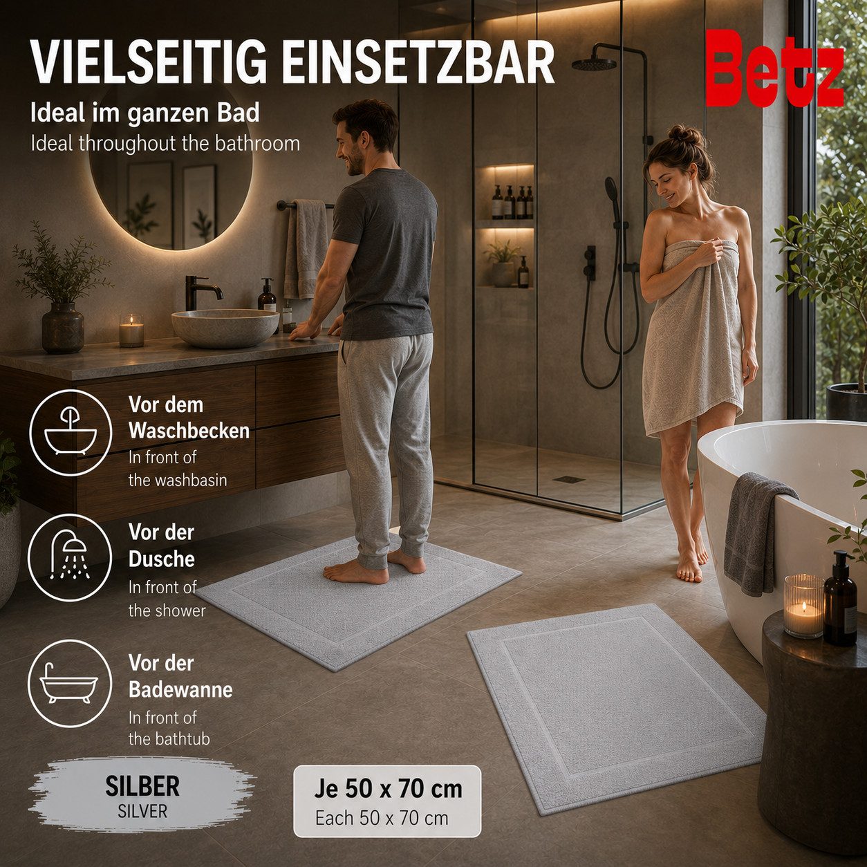 Betz Badematte 2 Stück Badvorleger Premium Badteppich Größe 50x70 cm, unbeschichtet, beidseitig nutzbar, beidseitig nutzbar, Baumwolle, Qualität 650g/m² – Bild 4 von 5