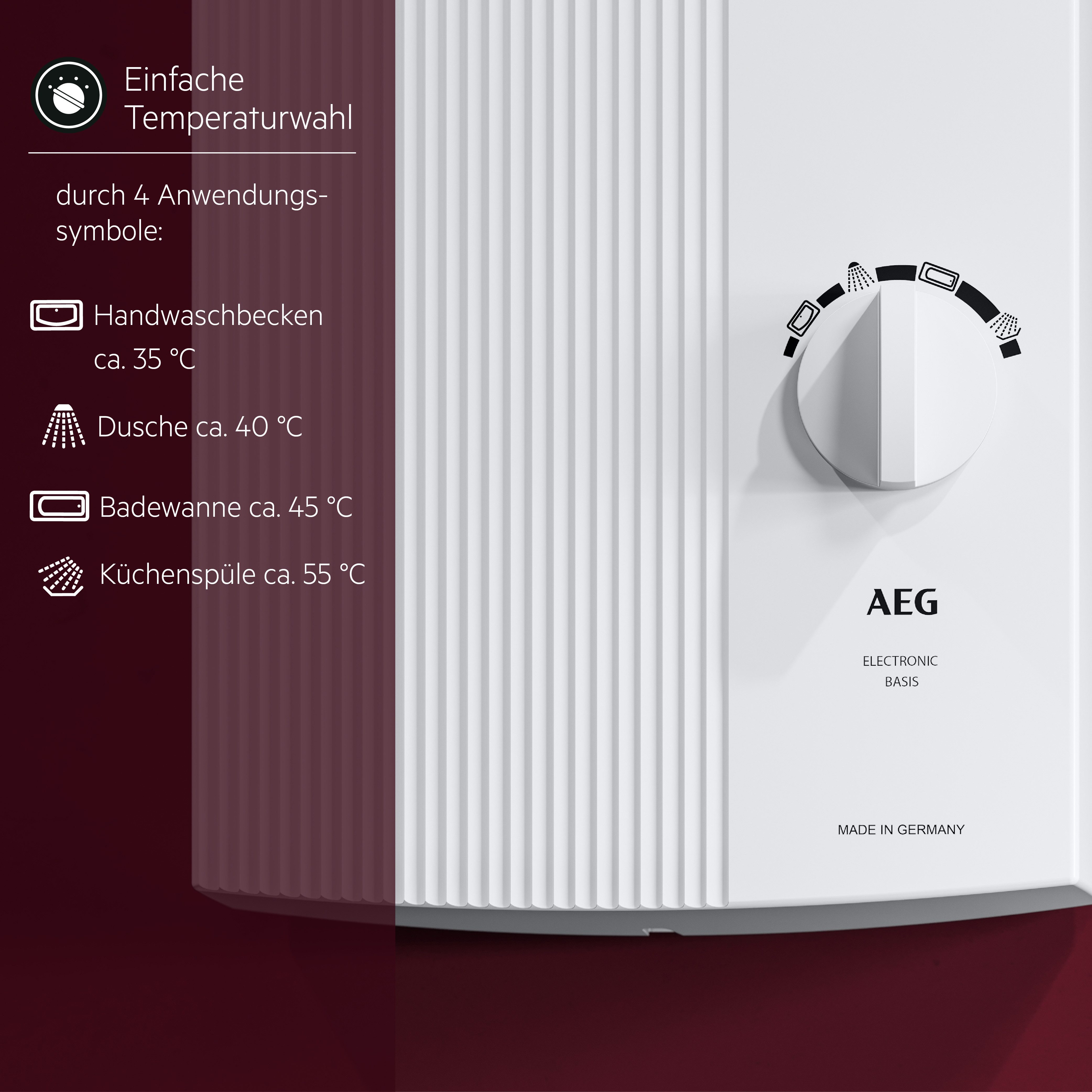 AEG Haustechnik Komfort-Durchlauferhitzer DDLE Basis, elektronisch, min. 35 °C, 13 kW, stufenlose Temperaturwahl durch 4 Anwendungssymbole