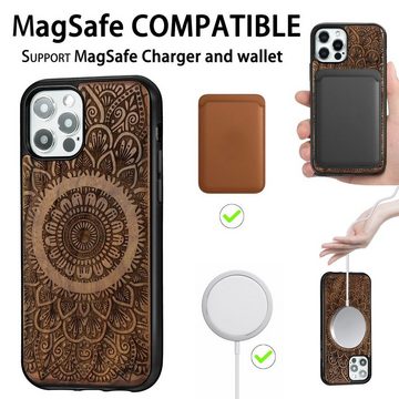 Wigento Smartphone-Hülle Holzfurnier Mandala geprägte Magsafe Hülle Handy Tasche Wahlnuss für Apple iPhone 12 Pro Max 6.7 Zoll