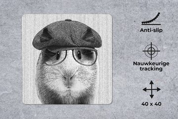MuchoWow Gaming Mauspad Meerschweinchen - Baskenmütze - Brille - Hipster (1-St), Mousepad mit Rutschfester Unterseite, Gaming, 40x40 cm, XXL, Großes