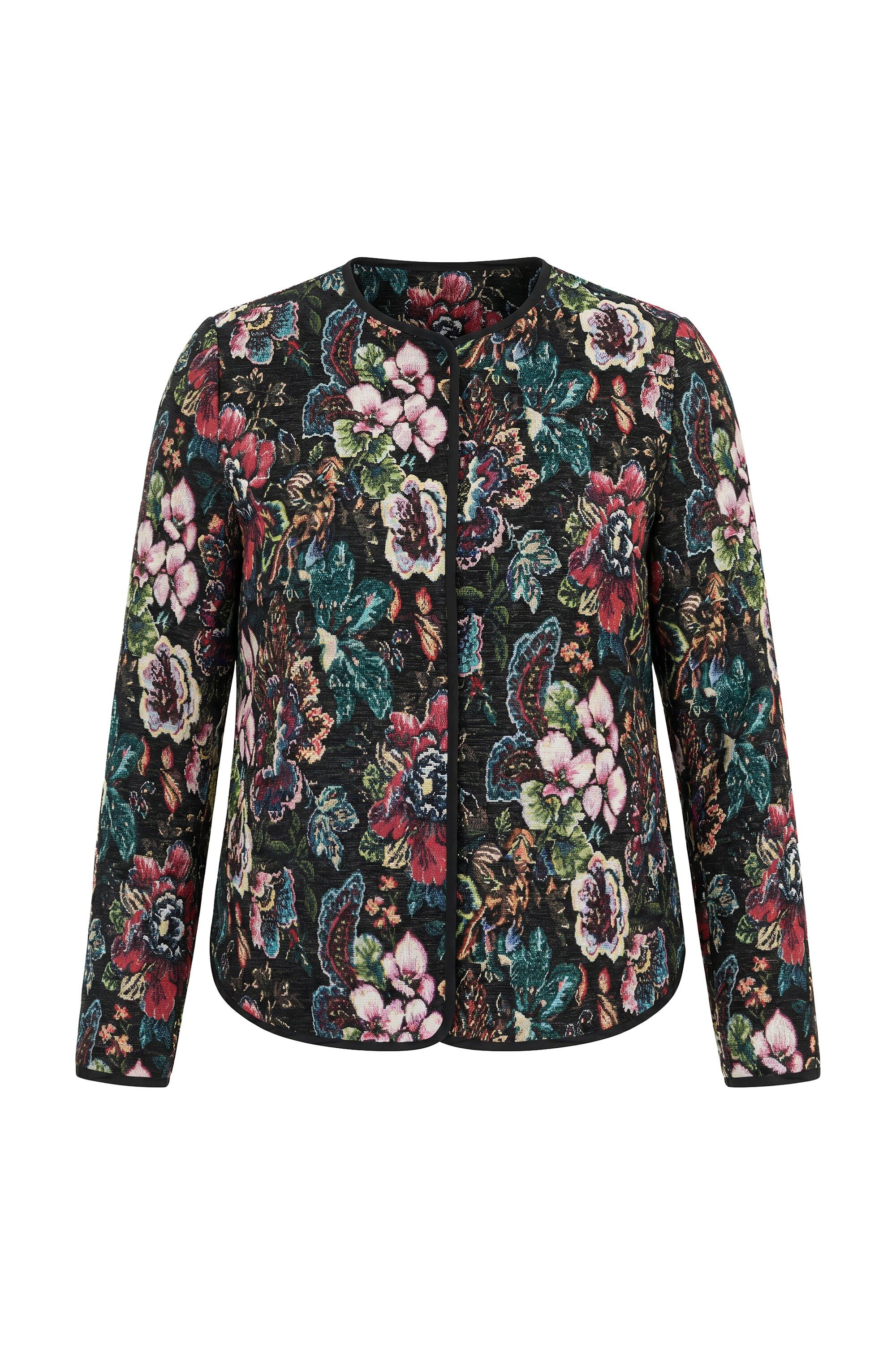 Ulla Popken Kurzjacke Jacquardjacke Blüten Piping Rundhals Langarm