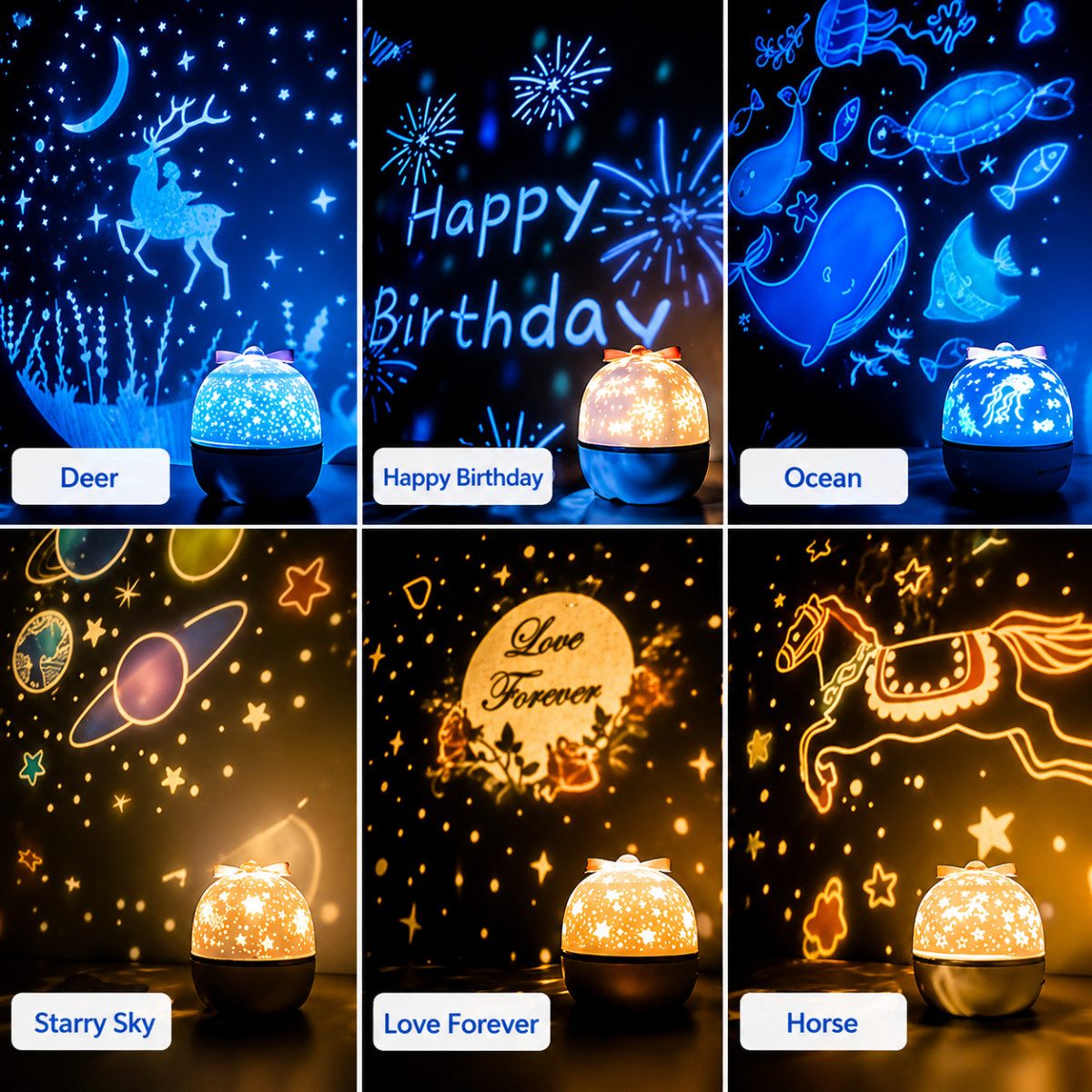 R2 Invest Nachtlicht - Projektor Kinder LED Sternenhimmel mit 6 Motiven, LED fest integriert