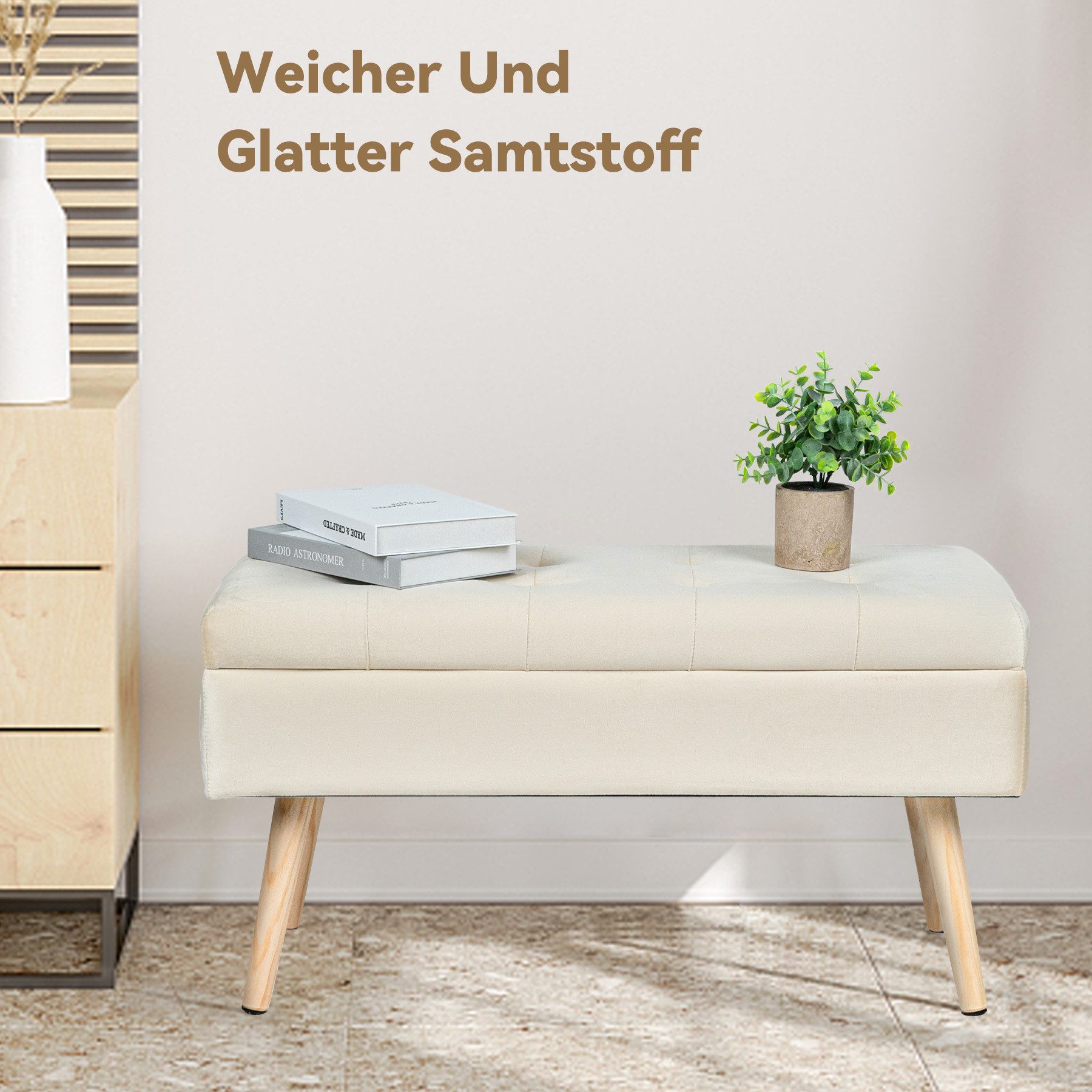 HawthyHome Polsterbank aus Samt mit Stauraum Sitzbank mit Holzbeinen