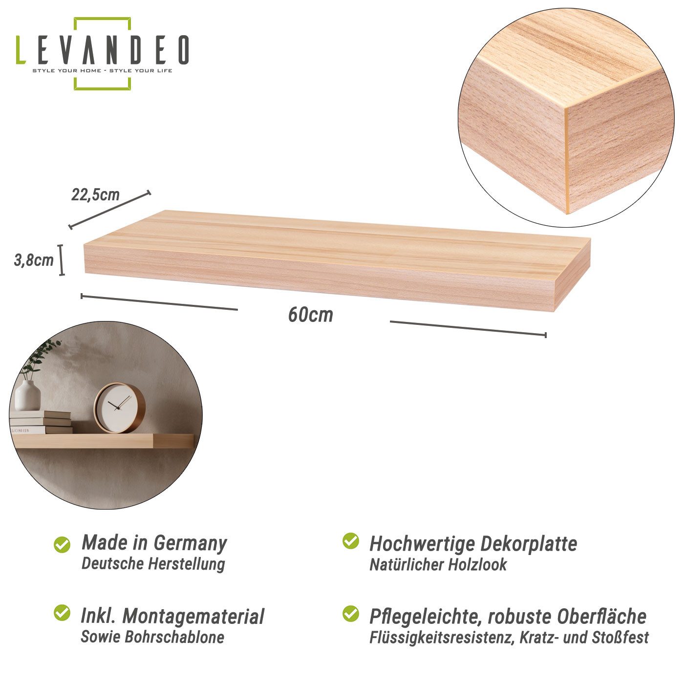 Levandeo® Wandregal, Wandboard Bobby 60cm Kernbuche - Wandregal Regal Board günstig online kaufen