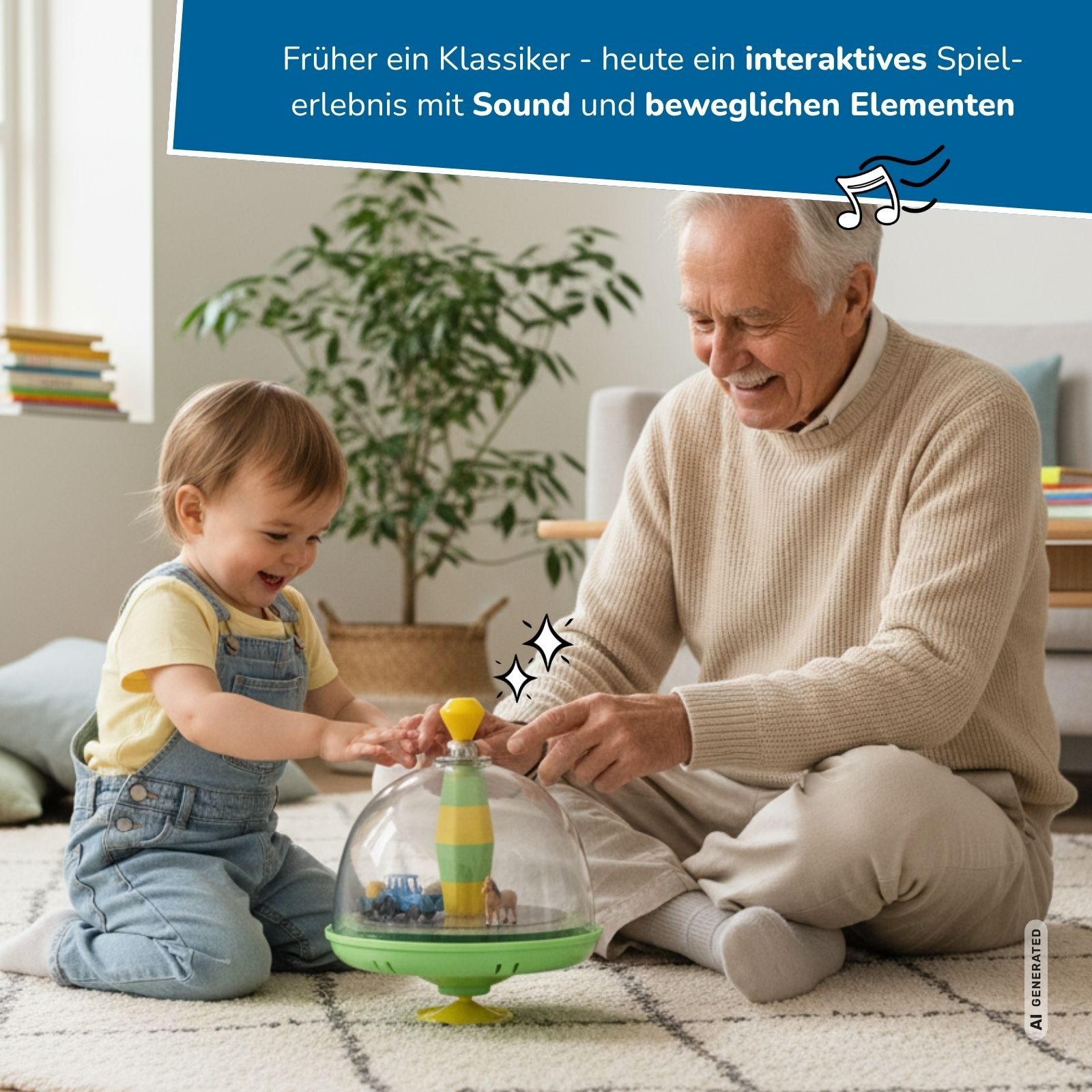alldoro Brummkreisel Bauernhof-Panoramakreisel mit Sound für Kinder ab 18 Monate, Interaktives Motorikspielzeug, batteriebetrieben, bewegliche Elemente