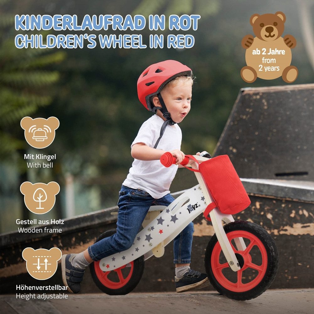 Joyz Laufrad Holzlaufrad mit verstellbarer Sitz und Stoffbeutel Klingel Tragegriff 11 Zoll, Kinderfahrrad Rot für Kinder ab 2 bis 5 Jahren Lauflernrad 85x35x54cm