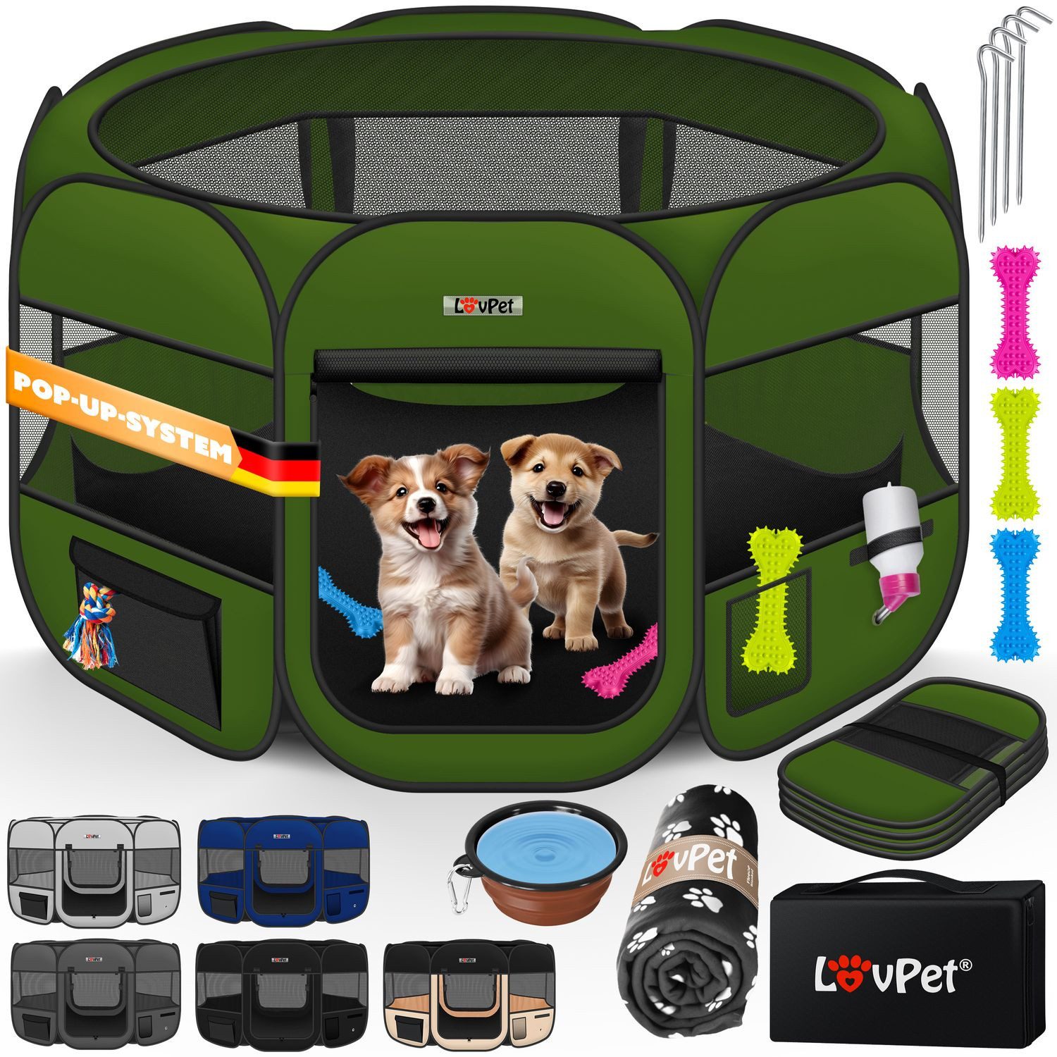 Lovpet Tierhaus Laufstall Tiergehege Faltbar 125cm Netzabdeckung mit Reißverschluss, Innen- und Außenbereich, inklusive Faltnapf, Decke und Tasche