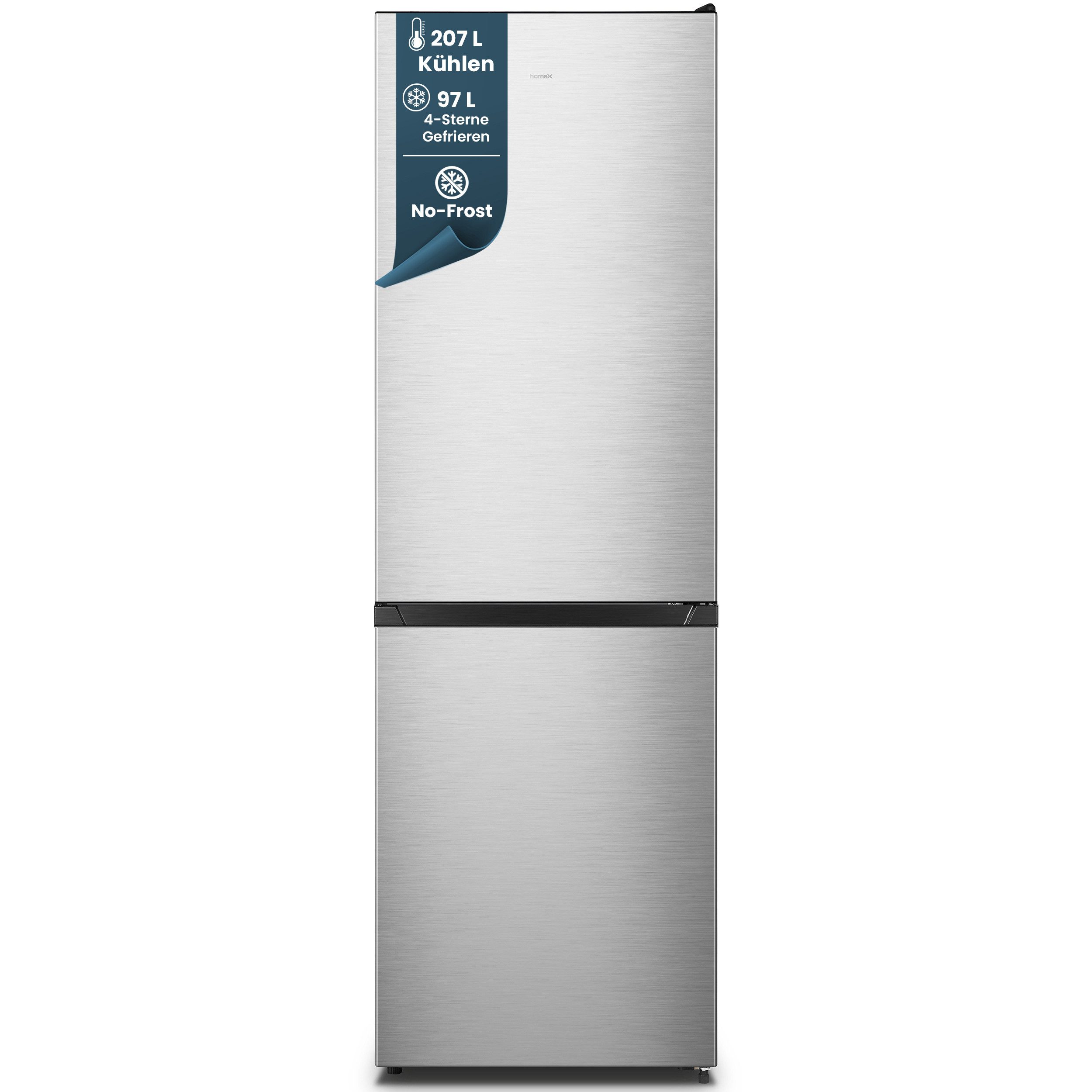 homeX Kühl-/Gefrierkombination CFSN3041A-S, 187.3 cm hoch, 59.5 cm breit, No Frost, 304 L, Kühlschrank mit Gefrierfach, EEK A, freistehend, groß