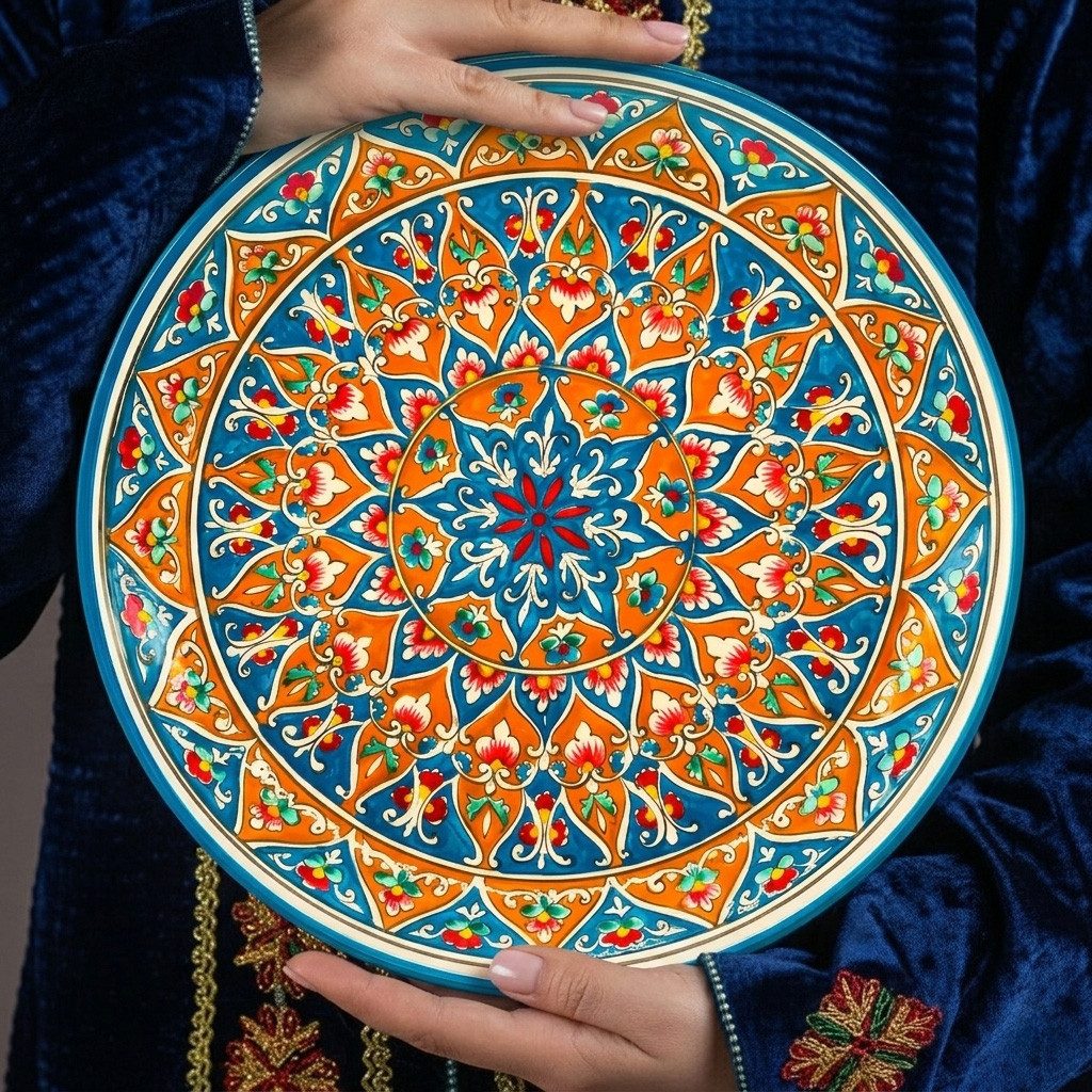 Servierplatte Lagan KaraKalam KSV3 R3 blau Ø 37 cm usbekischer Lagan Plov Teller, Keramik, Handbemalt
