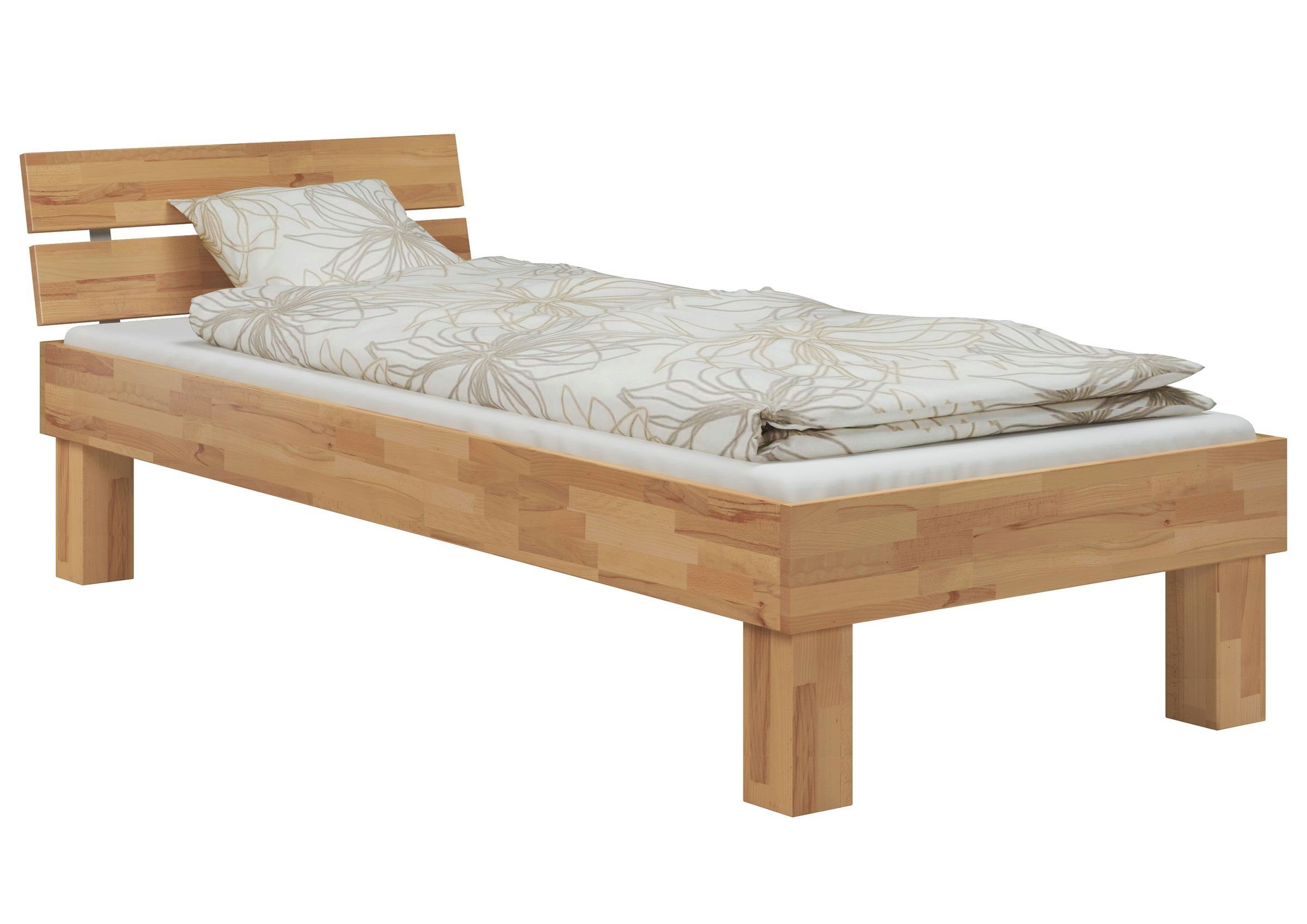 ERST-HOLZ Bett Buchefarblos 120x220 hoch + lackiert Matratze, Überlänge Buche Einzelbett + Rollrost