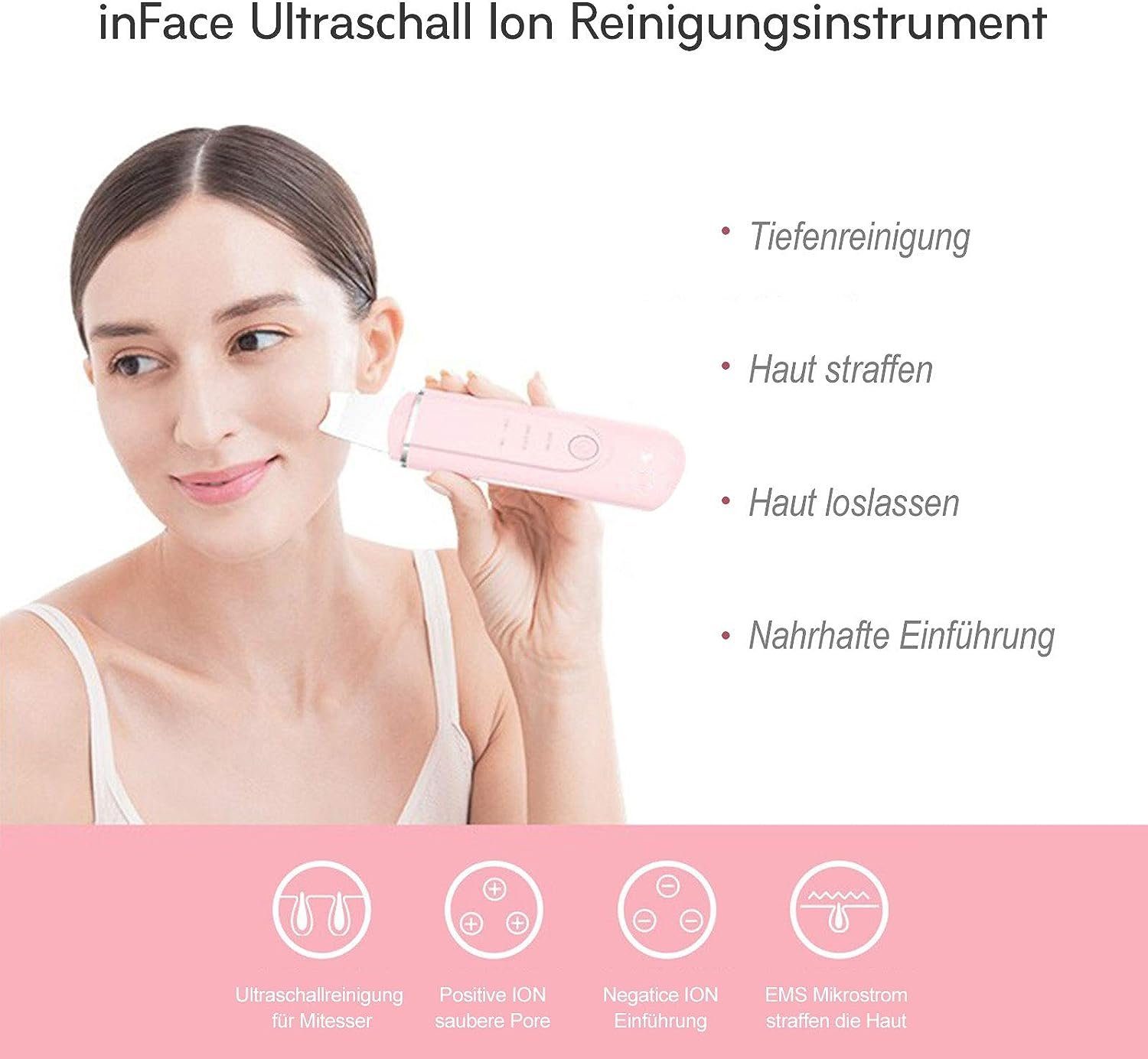 Hautreiniger Rosa Ultraschallpeelinggerät, Massagegerät Wiederaufladbar Ionen 4 Spatel Mitesserentferner, Gesicht für IN Peeling, Diyarts Hautreinigungsgerät, 1 Facelifting