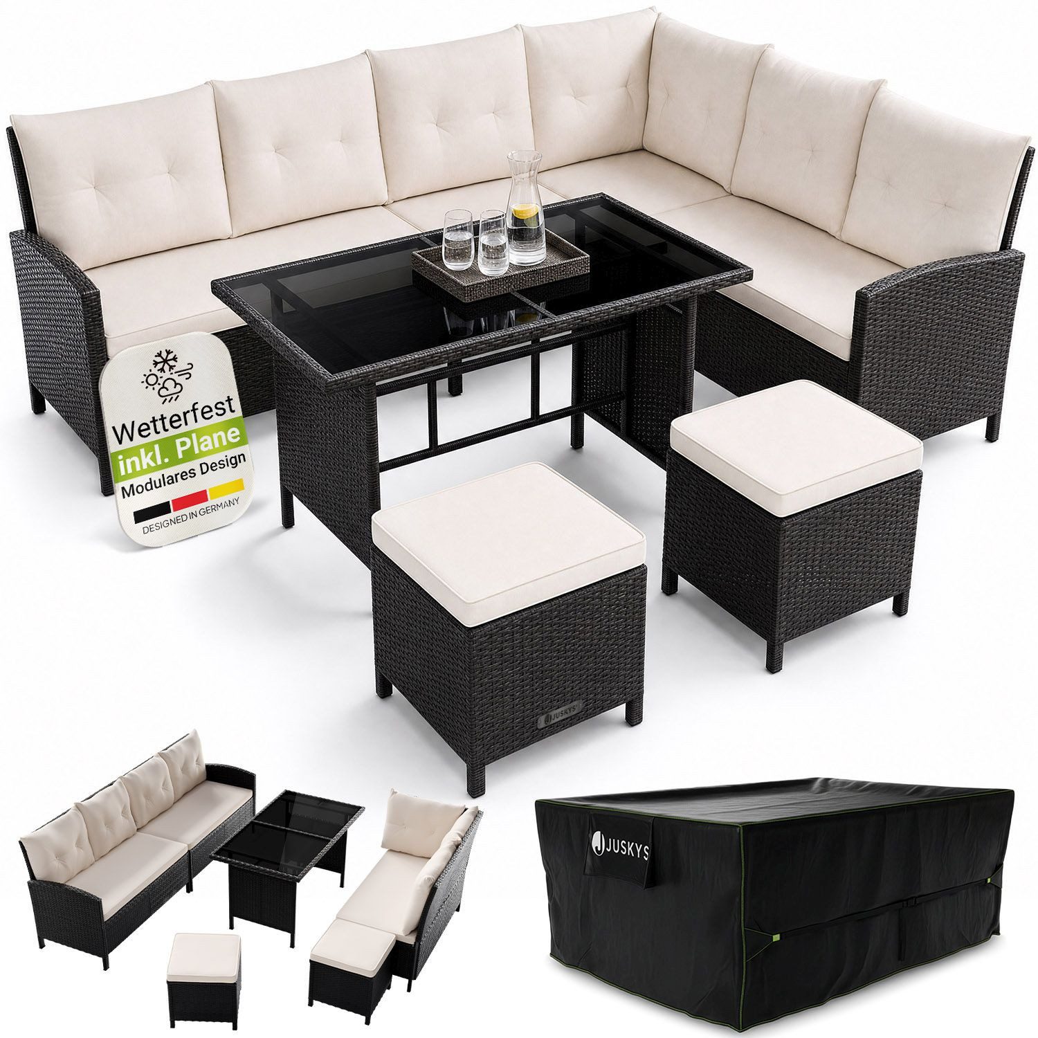 Juskys Gartenlounge-Set Manacor, (Gartenlounge), Polyrattan Gartenmöbel-Set mit Sofa, Tisch und Hocker inkl. Abdeckung