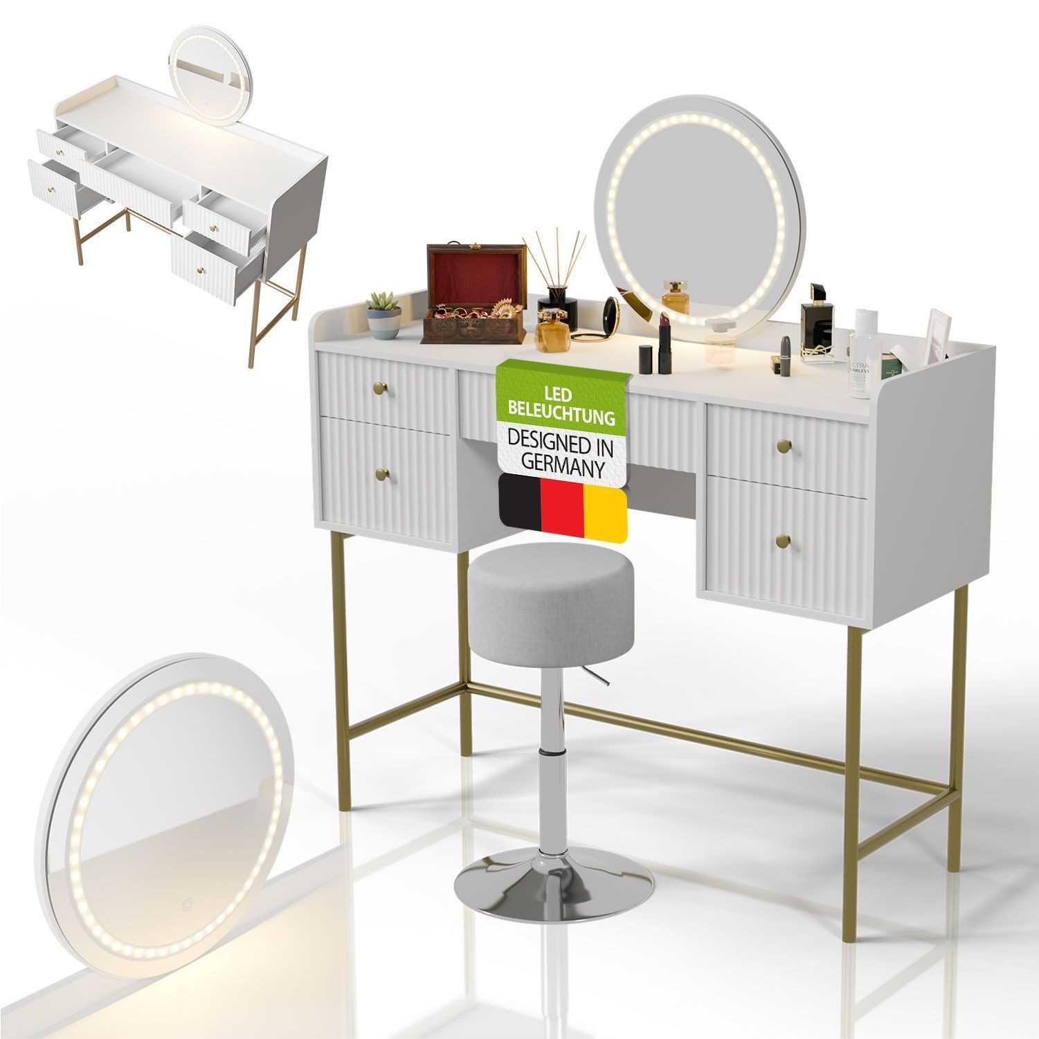 Juskys Schminktisch Samira (2-St), Inkl. Hocker, Touch-LED-Spiegel, goldfar günstig online kaufen