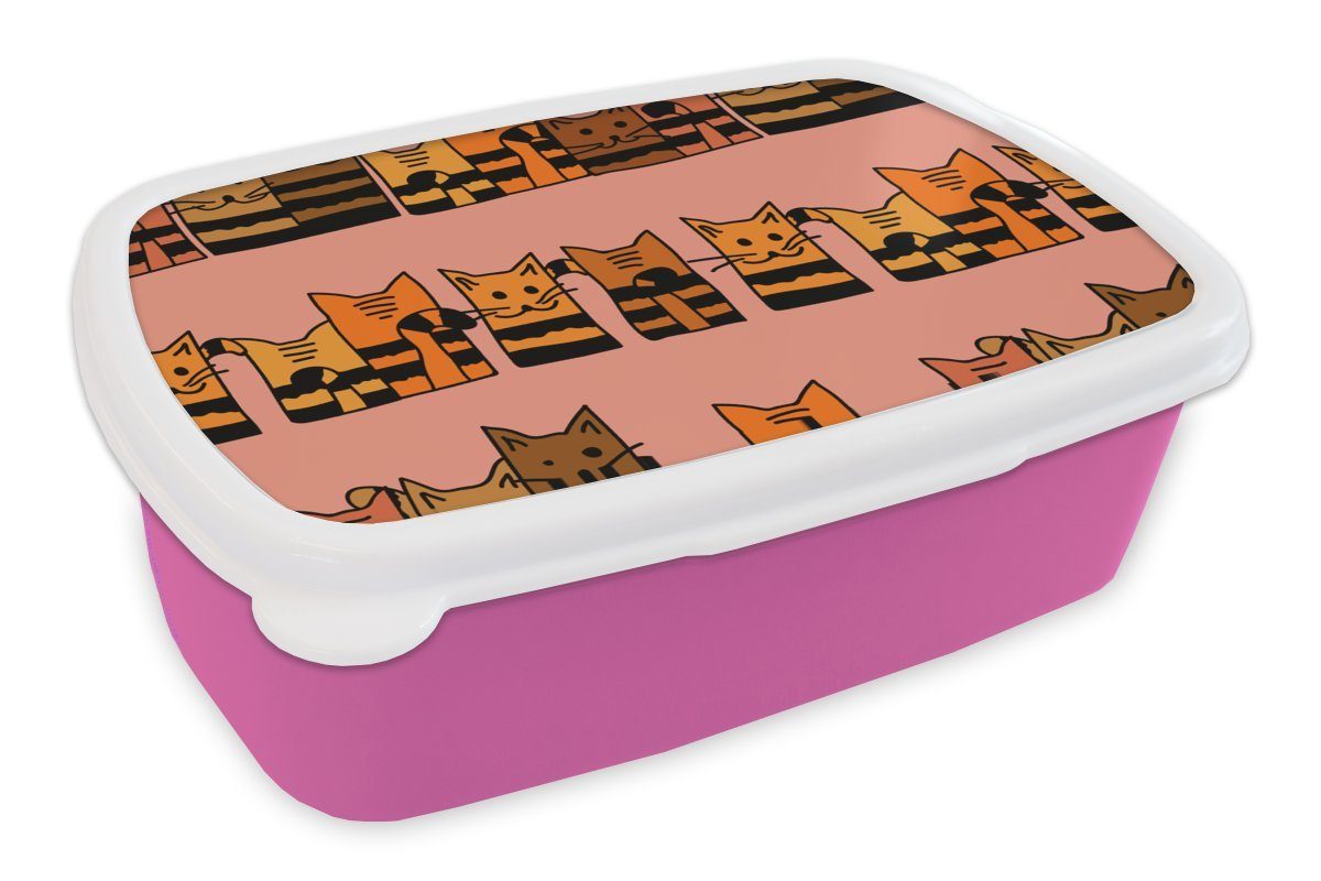MuchoWow Lunchbox Katzen - Muster - Tiere - Kinder, Kunststoff, (2-tlg), Brotbox für Erwachsene, Brotdose Kinder, Snackbox, Mädchen, Kunststoff rosa