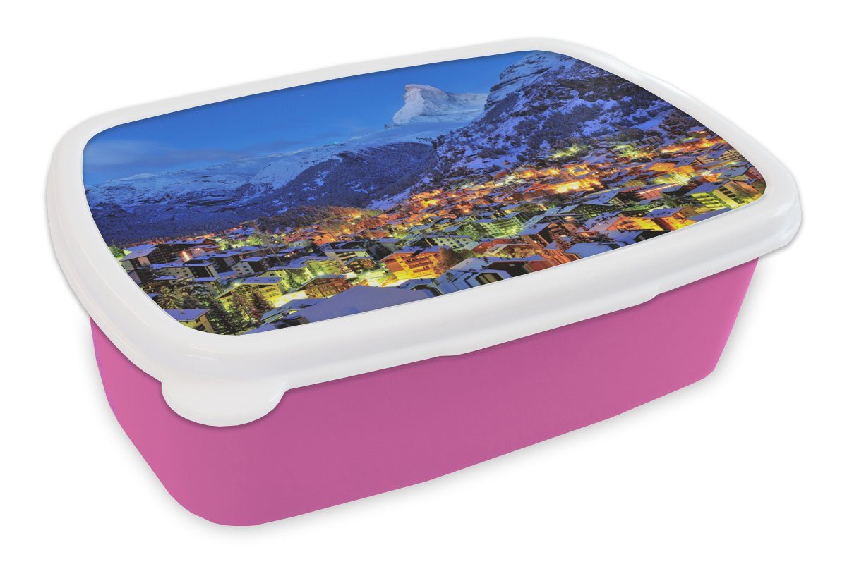 MuchoWow Lunchbox Sonnenaufgang über dem Schweizer Matterhorn in Zermatt, Kunststoff, (2-tlg), Brotbox für Erwachsene, Brotdose Kinder, Snackbox, Mädchen, Kunststoff rosa