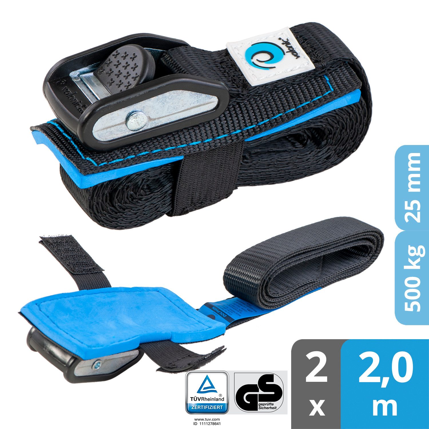 valonic Spanngurt valonic DOLPHIN Spanngurte 2x 1-6m Klemmschloss TÜV-GS 500kg Zurrgurte (2er Set, 2-St., 2 Stück Klemmschlussgurt) Spanngurt für SUP Board oder Kajak