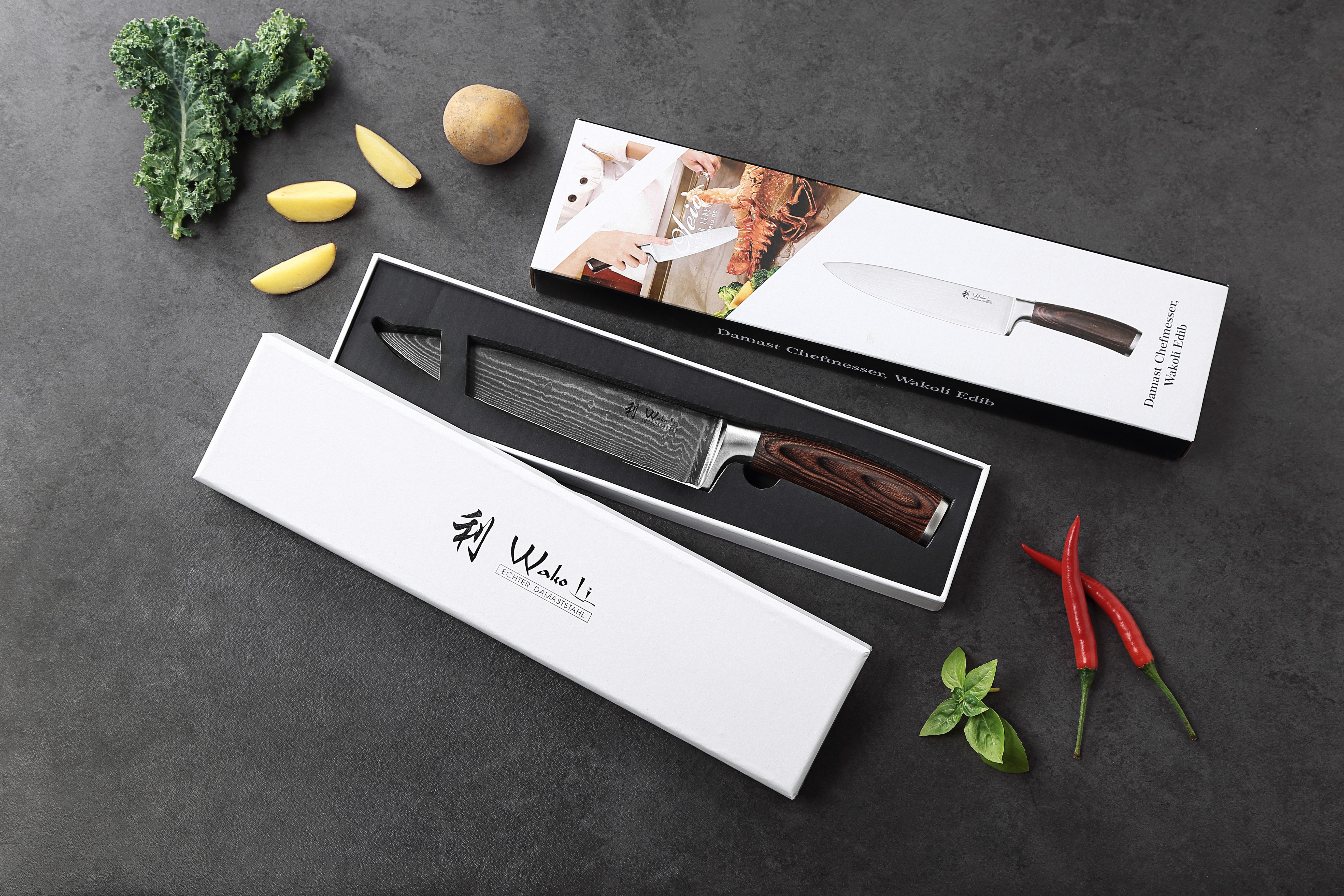 Wakoli Universalküchenmesser EDIB Damast Chefmesser I Kochmesser Küchenmesser I 20cm Klinge, VG10 Kern, 67 Lagen Damaststahl, Pakkaholzgriff, inkl. Geschenkbox