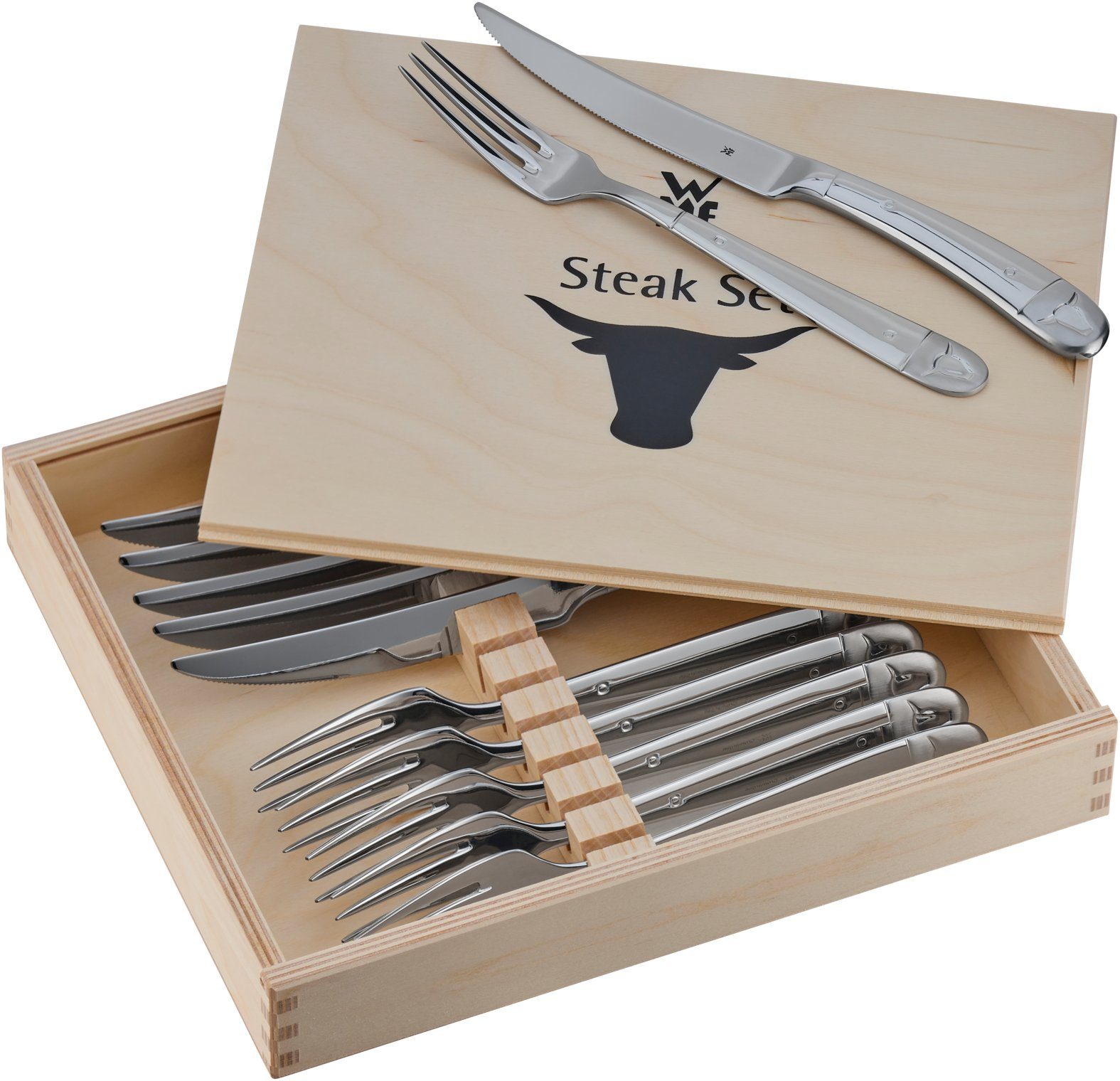 WMF Steakbesteck Geschenkidee Steakbesteck-Set, 12-teilig (12-tlg), Cromargan 18/10 poliert, geschmiedete Messer, spülmaschinengeeignet, inklusive Holzbox