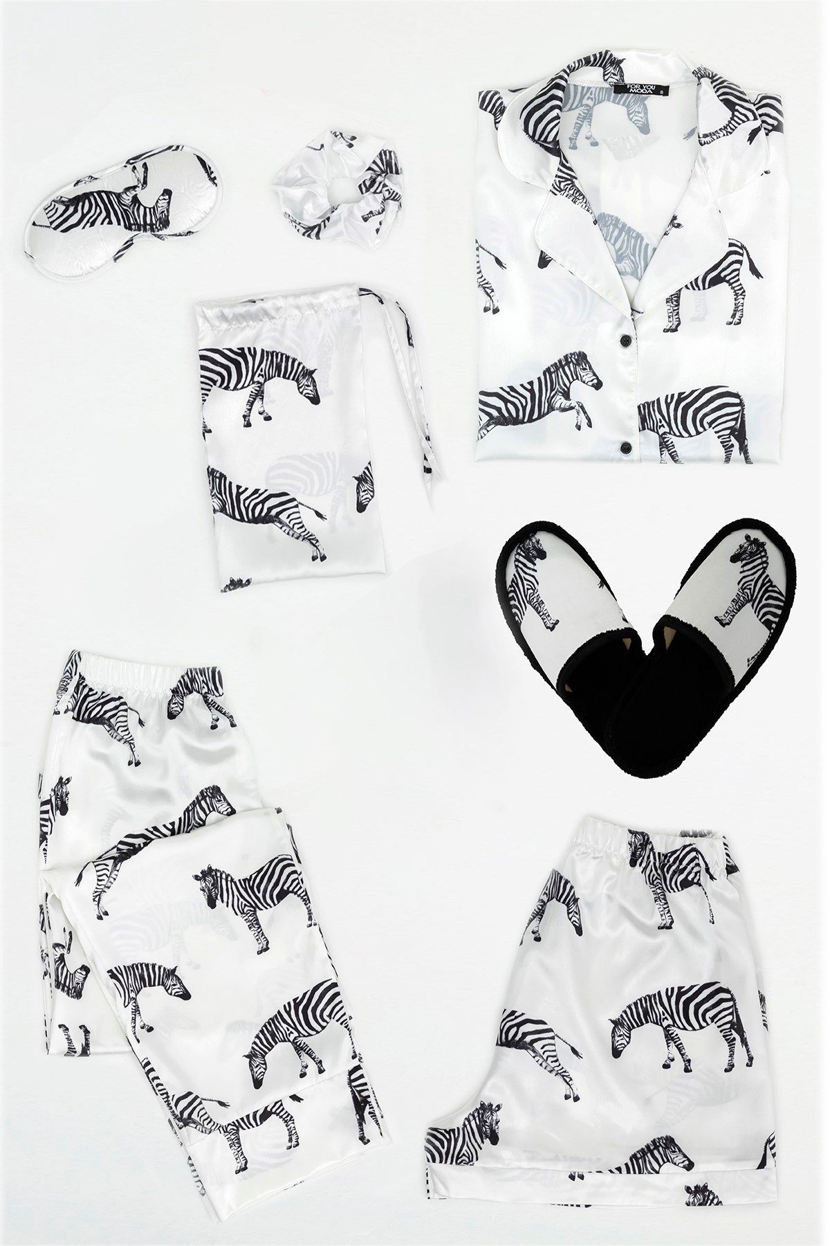 For You Moda Pyjama 7-teiliges weißes Satin-Pyjama-Set mit Zebra-Print günstig online kaufen