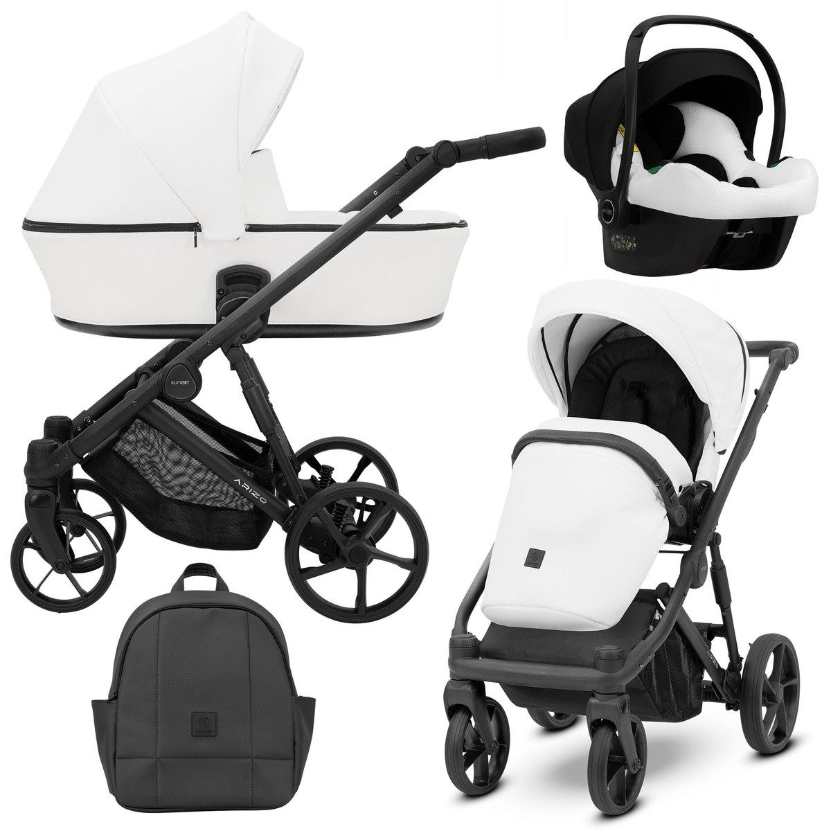 KUNERT Kombi-Kinderwagen ARIZO 3 in1 Öko-Leder Kinderwagen mit schwarzem Gestell inkl. Zubehör, Leichter Aluminiumrahmen, verstellbare Rückenlehne