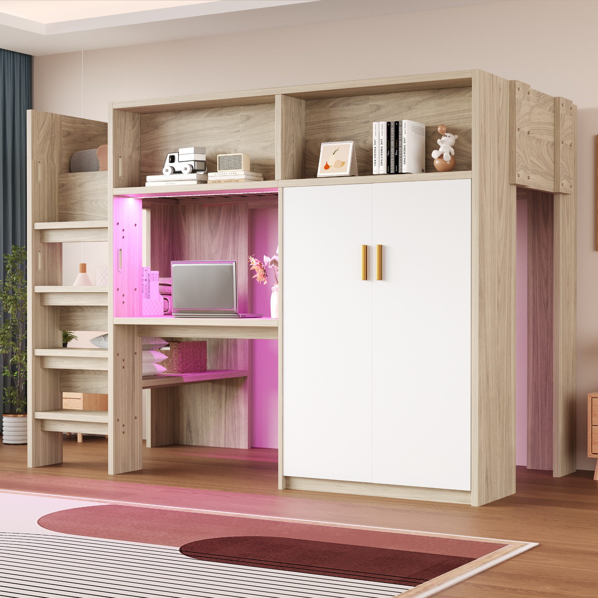 OKWISH Hochbett Kinderbett Stauraumbett (mit integriertem Schreibtisch, Kleiderschrank & LED-Licht, 90x200 cm) ohne Matratze