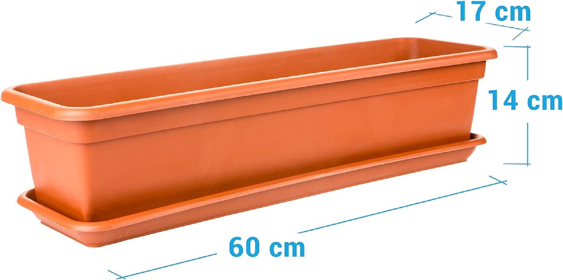 2friends Blumenkasten 6er Set, Balkonkästen mit Untersetzer aus Kunststoff (60T x 17B x 14H cm), Balkon Blumenkasten Terracotta