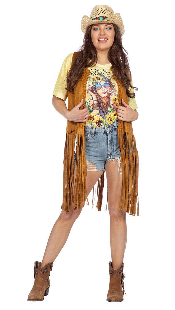 Karneval-Klamotten Hippie-Kostüm Damen Flower Power Weste hochwertig mit Fr günstig online kaufen