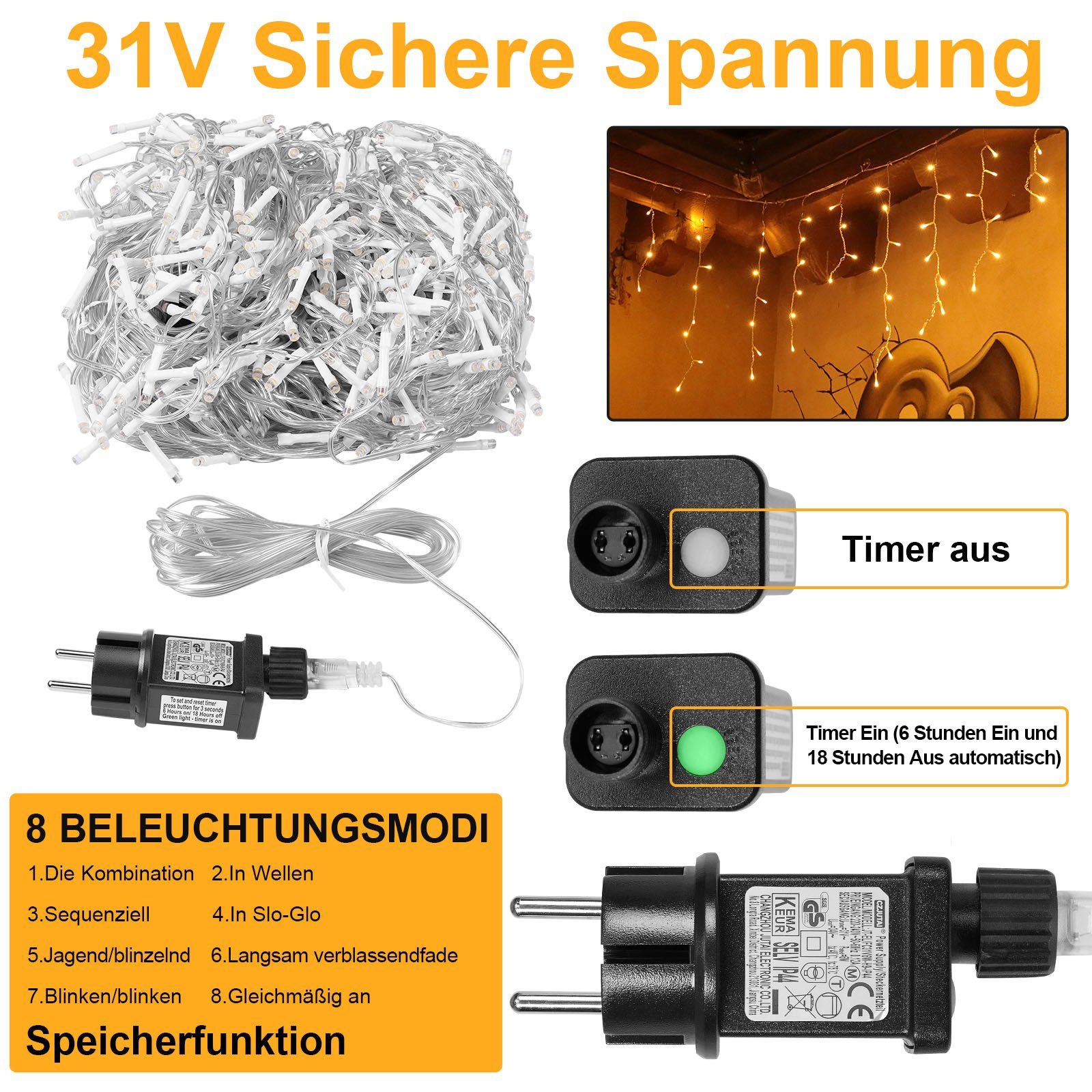 Rosnek Lichtervorhang 31V, 5-15M, 8 Modi, Timer, für Weihnachten Dach Fenster, 600-flammig, Eiszapfen, Speicherfunktion, für Hochzeit Haus Dekorationen