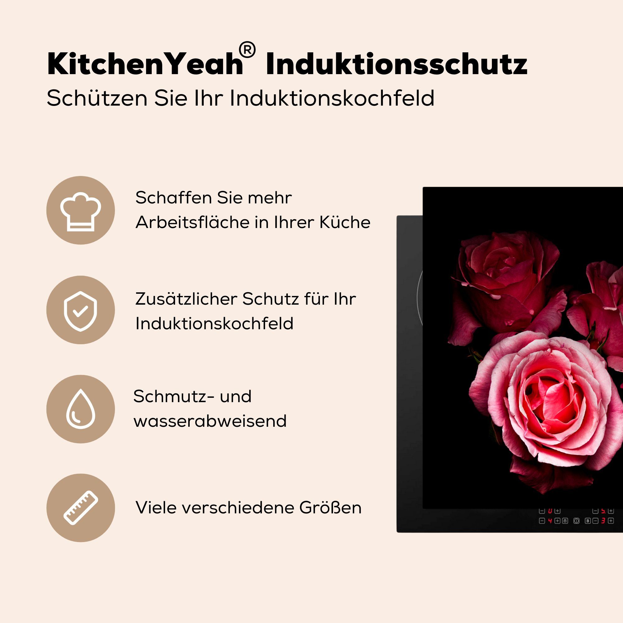 Herdblende-/Abdeckplatte schwarzem küche für (1 mit von Ceranfeldabdeckung, rosa 78x78 tlg), Ein Hintergrund, cm, Vinyl, Foto Arbeitsplatte MuchoWow Rosen