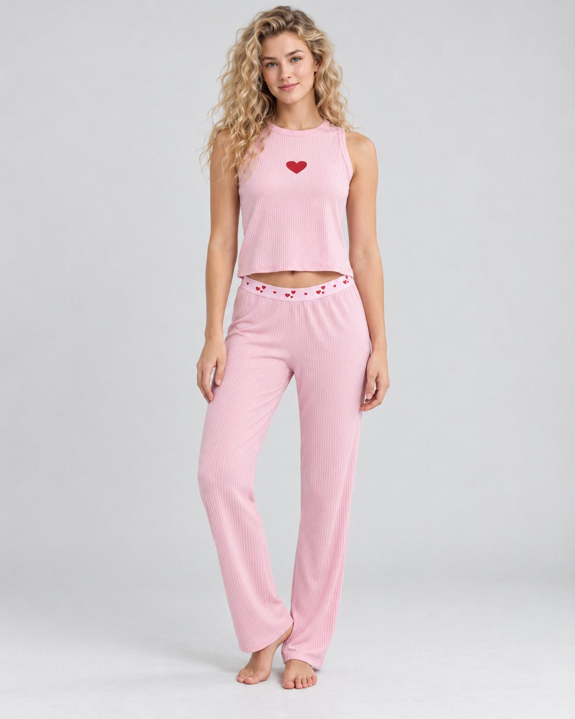 fashionshowcase Pyjama Damen Schlafanzug Set Hausanzug Loungewear mit Tanktop und langer Hose (2-teilig (Top + Hose) Luftiger Schnitt, elastischer Bund mit Muster, weicher Rippenjersey